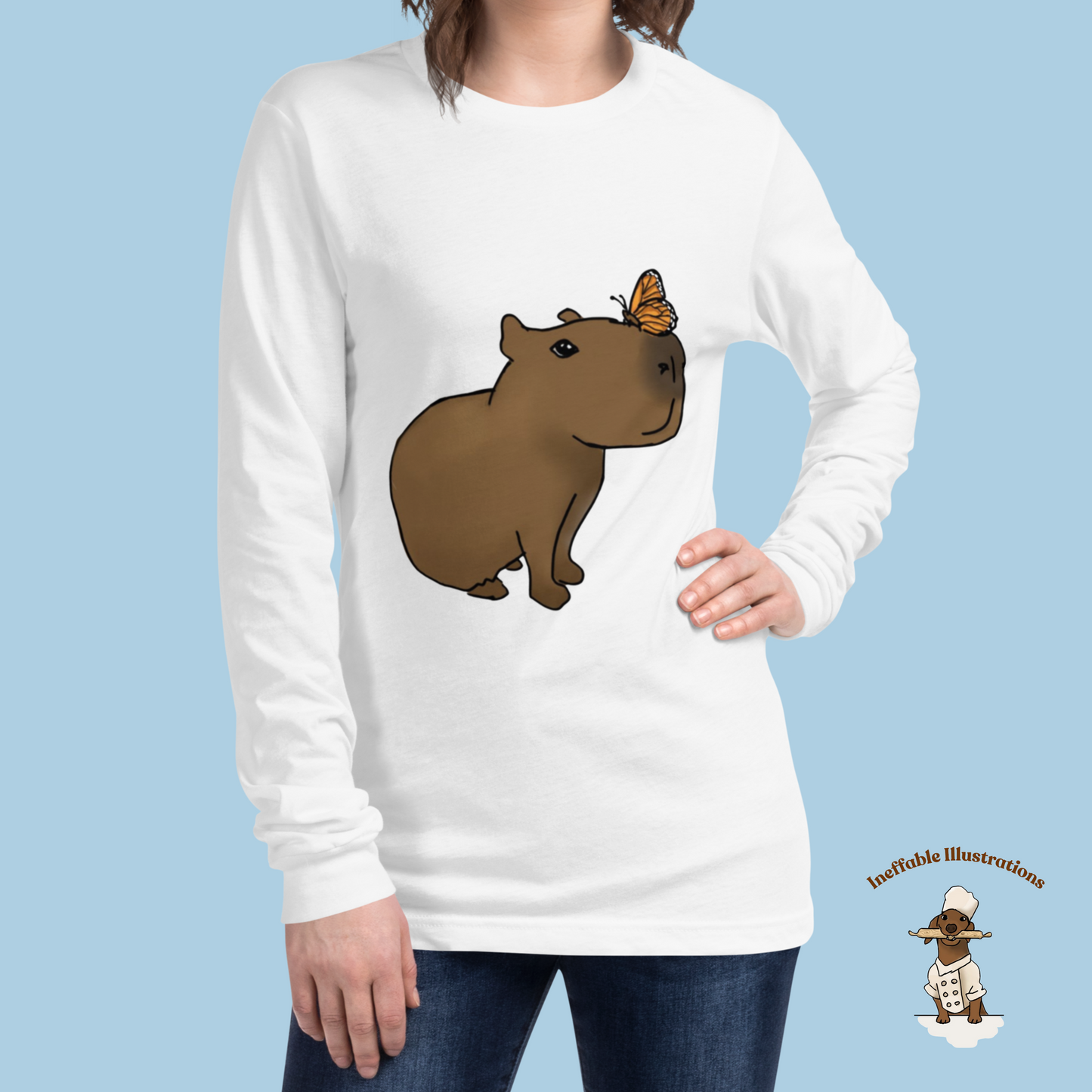 Shirt. Unisex Long Sleeve Shirt with cute Capybara Jolly with butterfly illustration, drawn by hand. Capybara shirt