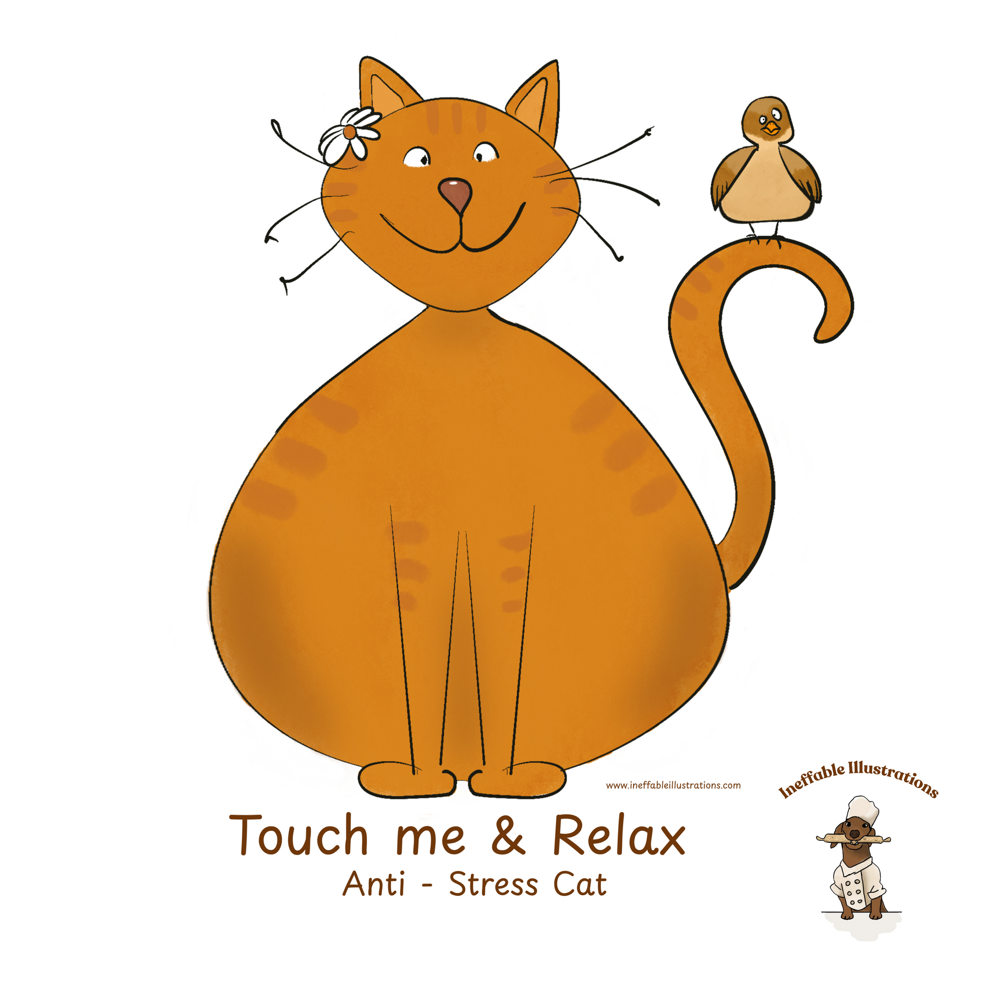 Funny Ginger Cat Tote Bag – Hand-Drawn Anti-Stress Cat with Relaxed Bird on Tail Design | Eco-Friendly Cotton Canvas Reusable Shopping Bag - Ineffable Illustrations
