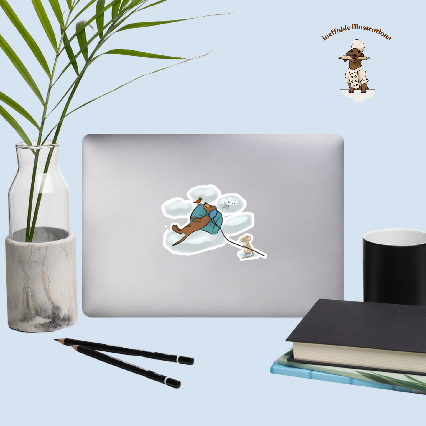 Dachshund Oliver & Mouse Pedro Bubble-Free Stickers, Cute Music and Clouds Design, Durable Vinyl Decals for Laptops and Water Bottles - Ineffable Illustrations
