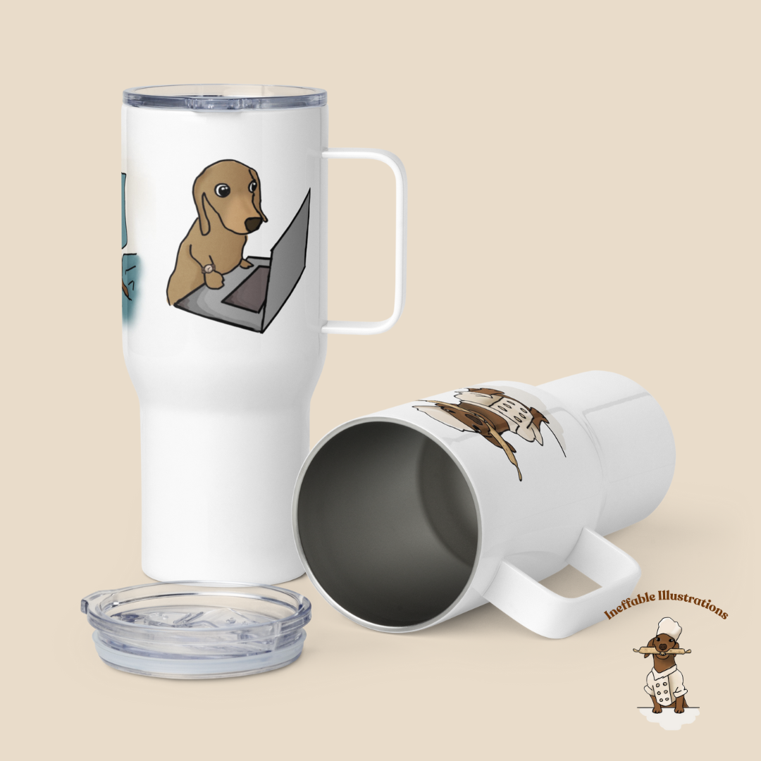 Mug "Oliver traveling with you". Dachshund Travel Mug with Handle: Cute dachshund Oliver Working on Computer, Cooking & Relaxing- Perfect Coffee Mug for any Activity!