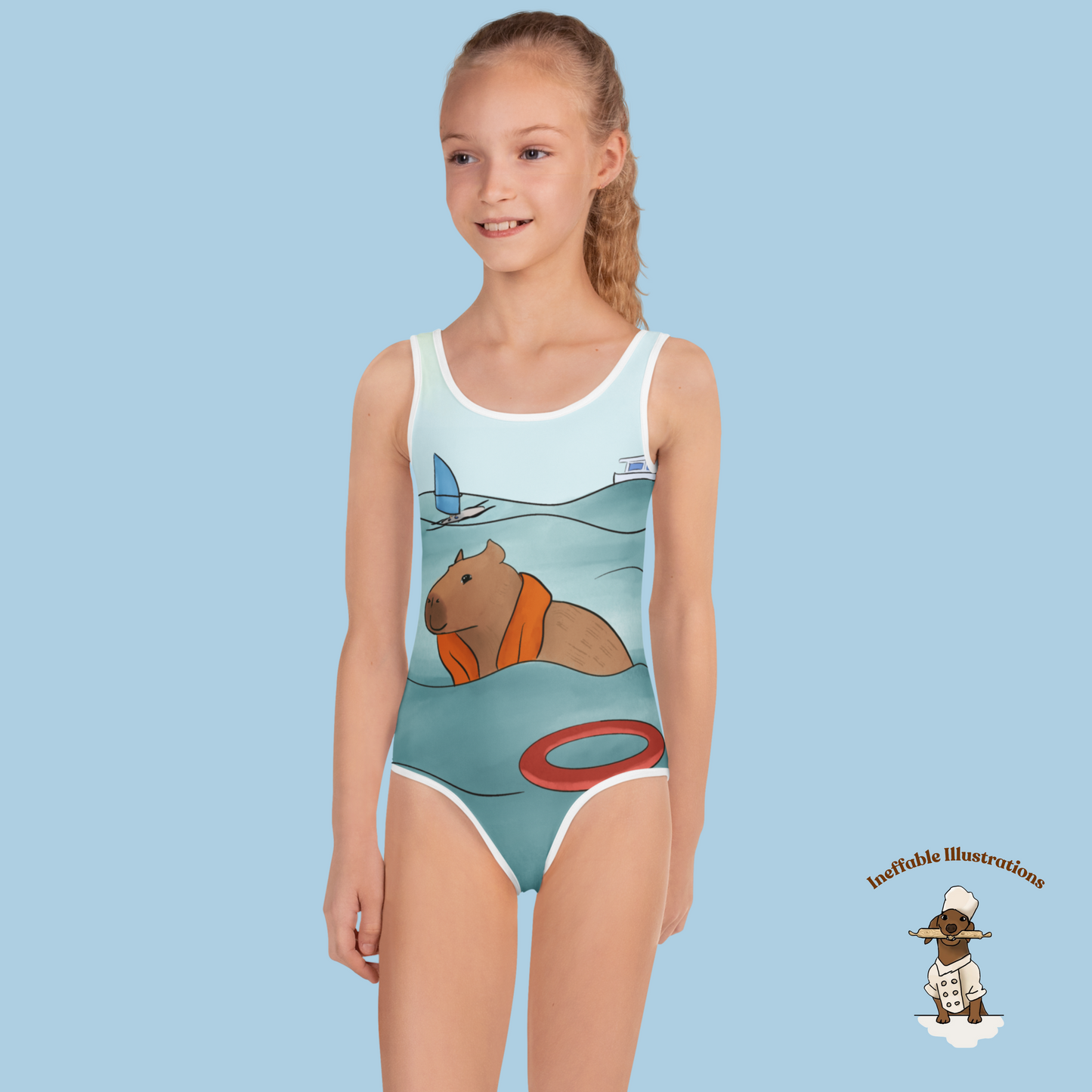 Kids Swimsuit with Cute Hand Drawn Capybara Jolly Enjoying Summer In The Sea Design, Toddler Bathing Suit, Beachwear for Girls