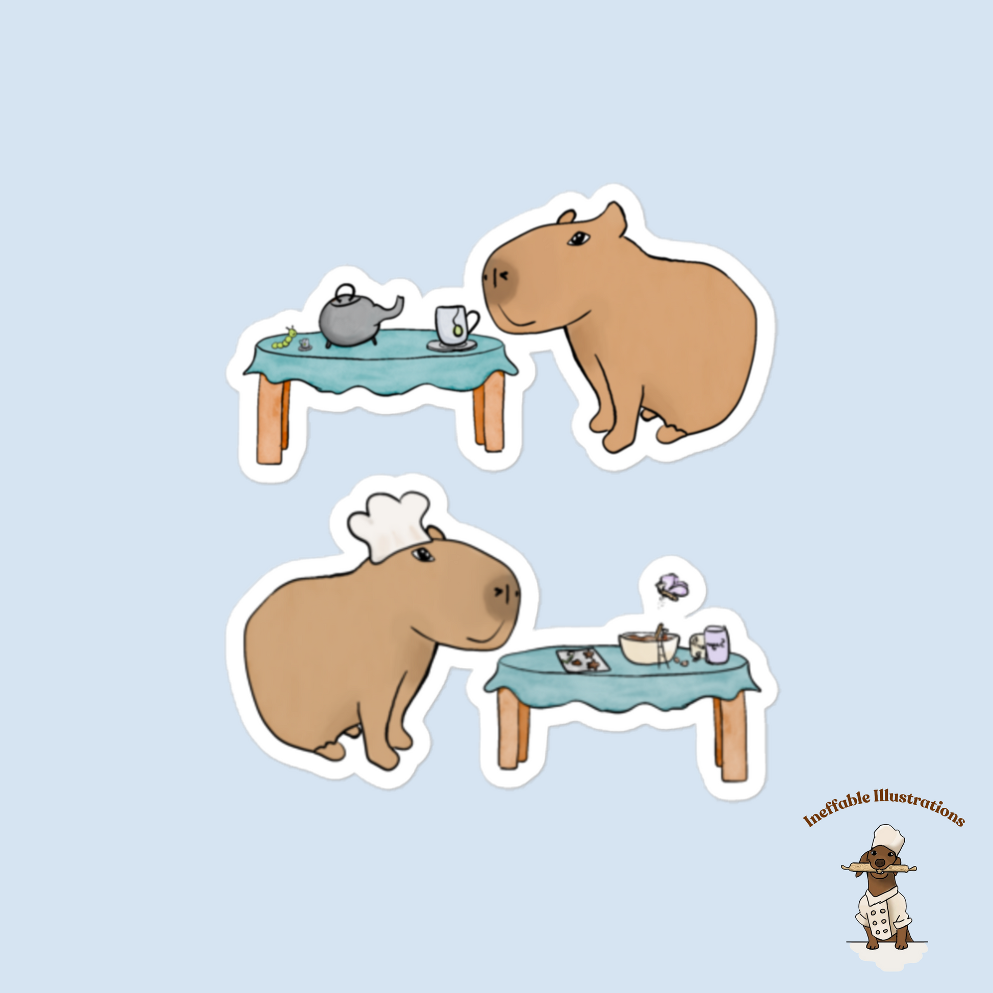 Cute Capybara Stickers, Capybara Jolly Drinking Tea & Cooking with Butterfly, Caterpillar and Ant Friends for Scrapbooking and Laptop Decor - Ineffable Illustrations