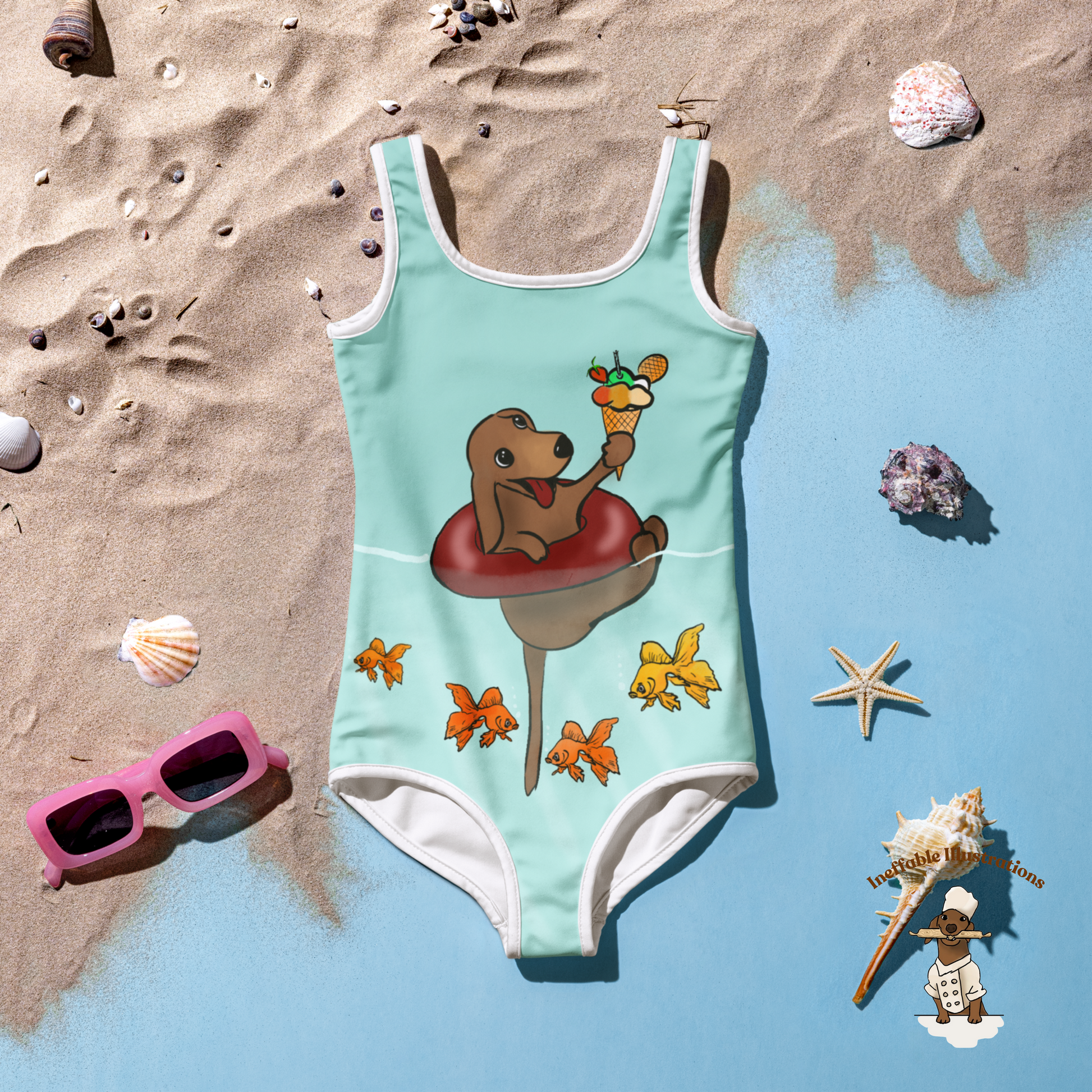 Kids Swimsuit Cute Dachshund Oliver Floating in Sea with Ice Cream & Small Fishes Underwater Beachwear - Ineffable Illustrations