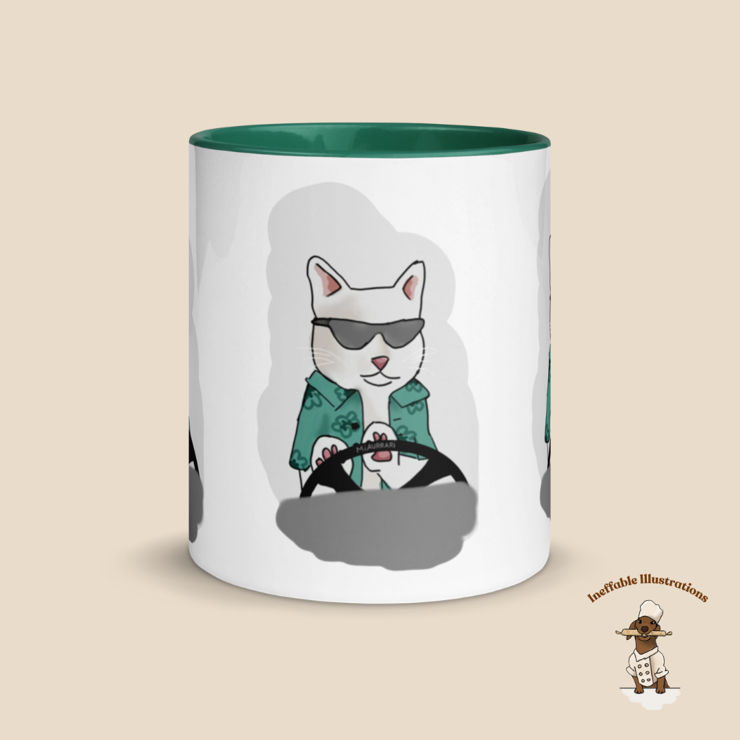 Mug "Ralph driving his luxury car Miaurrari". Cat Driving Car Mug | Funny Illustrated Coffee Cup with Color Inside | Hand-Drawn Design for Cat Lovers | Unique Gift Idea