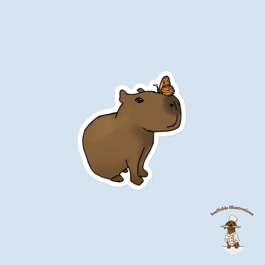 Sticker "Jolly with butterfly". Cute Hand Drawn Capybara Jolly and Butterfly Sticker - Cheers you up and Inspires Daily!