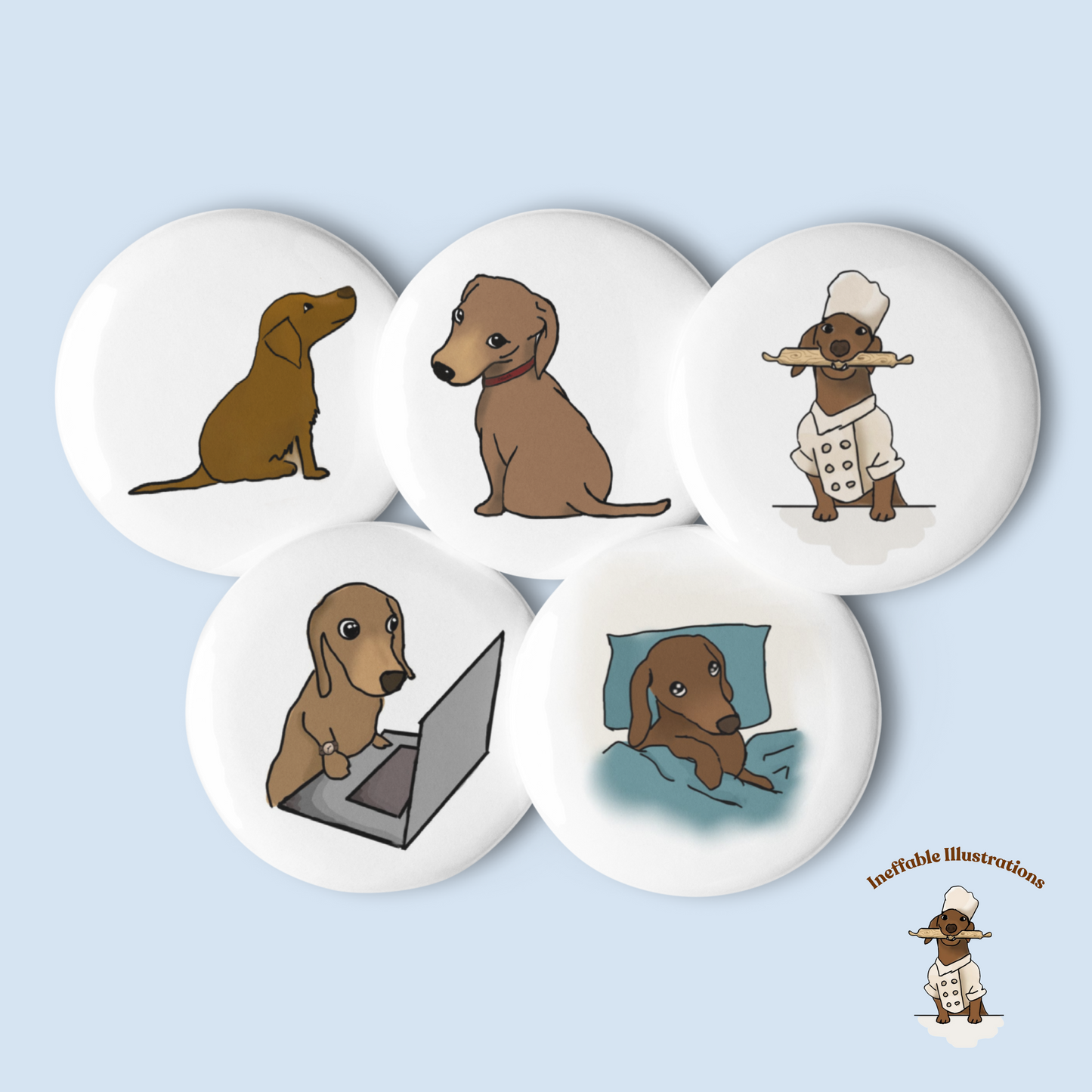 Dachshund Button Pins Set of Cute Oliver Enjoying Life | Fun Dog Accessories & Gifts for Pet Lovers