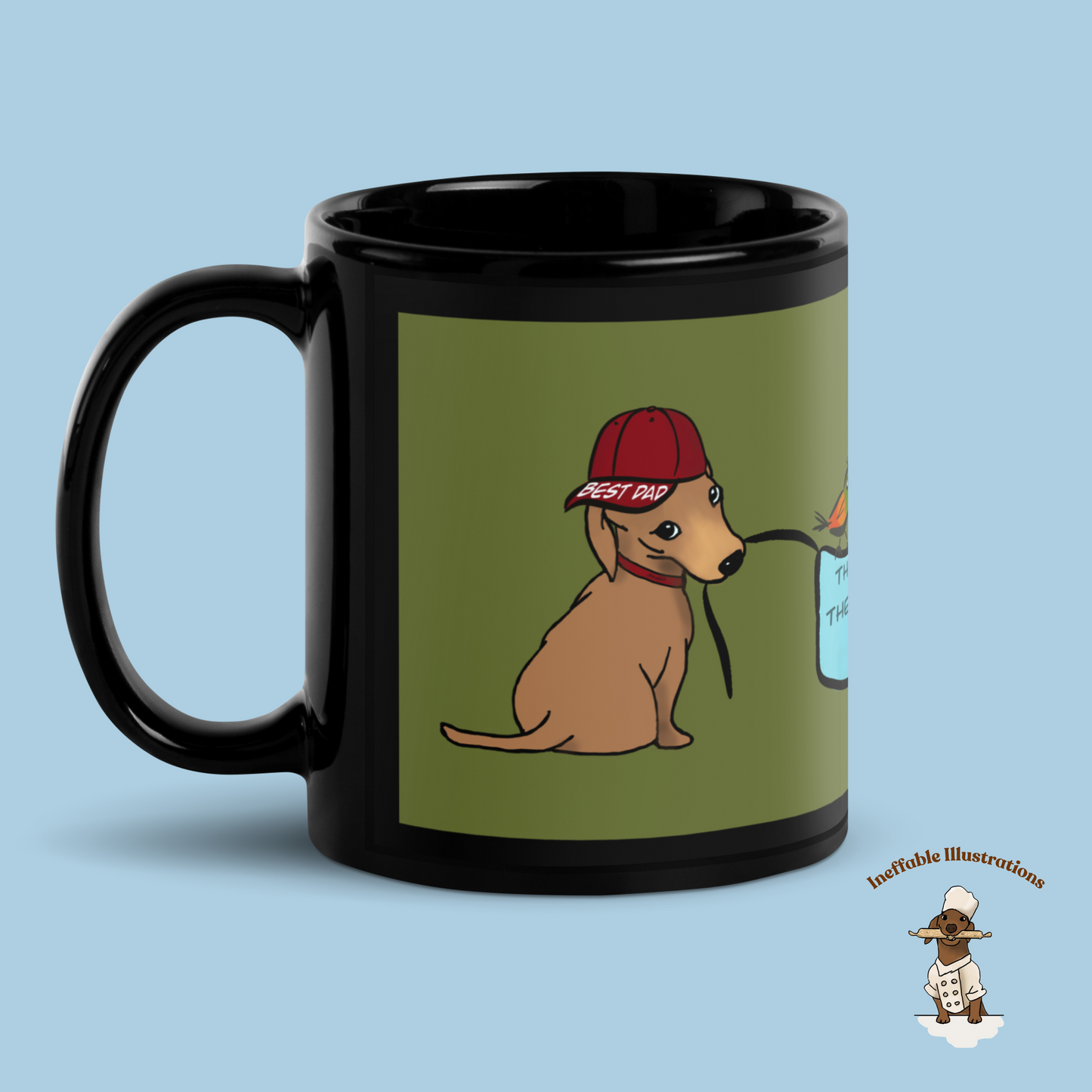 Black Glossy Dad Mug with Cute Hand Drawn Dachshunds Holding Sign - Best Dad Ever Coffee Cup Gift for Fathers Day - Ineffable Illustrations