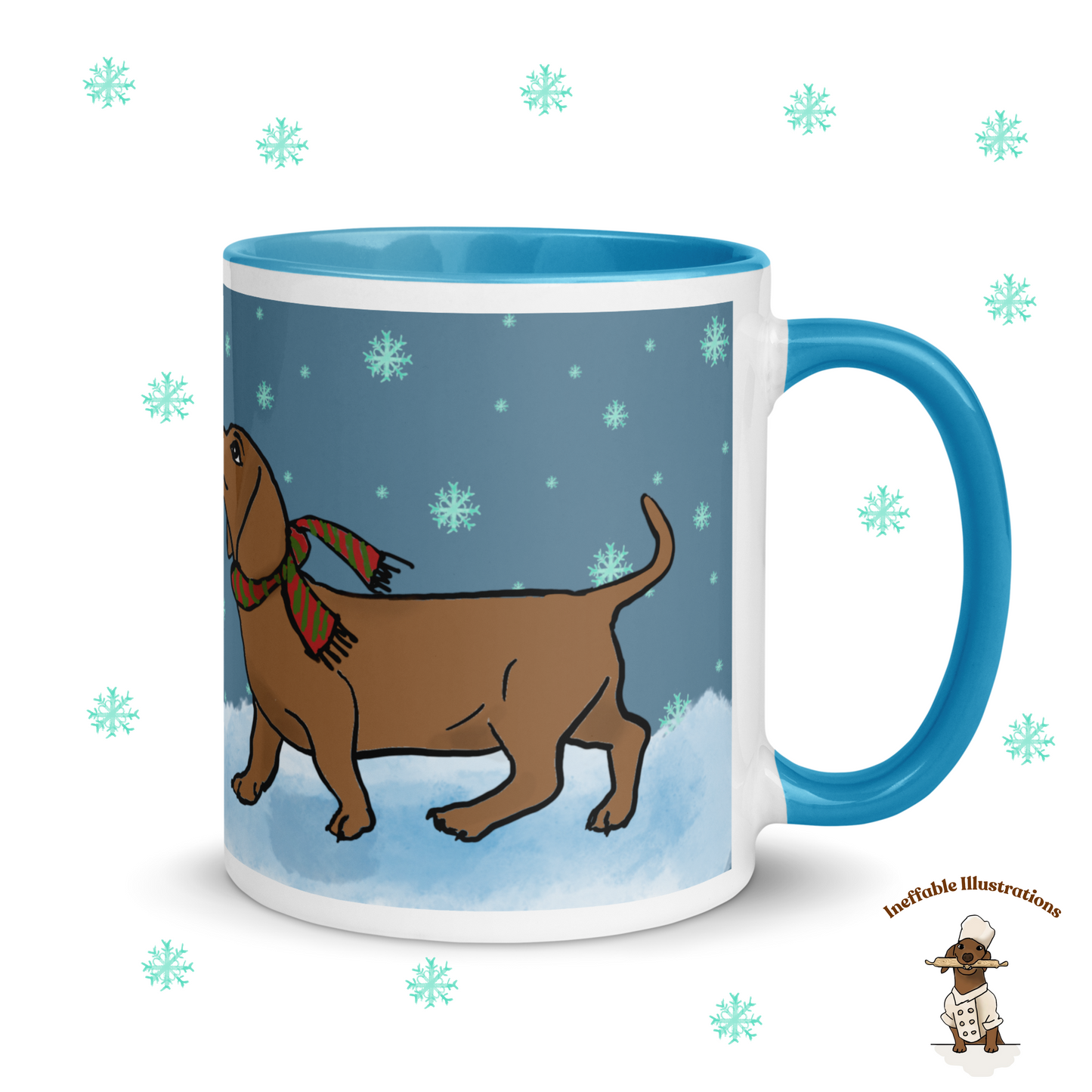 Christmas Mug. Dachshund Mug with Color Inside, dachshund Oliver Enjoying Winter Snow Design, Cute Dog Lover Gift, Cozy Hot Beverage Cup, Drawn by Hand