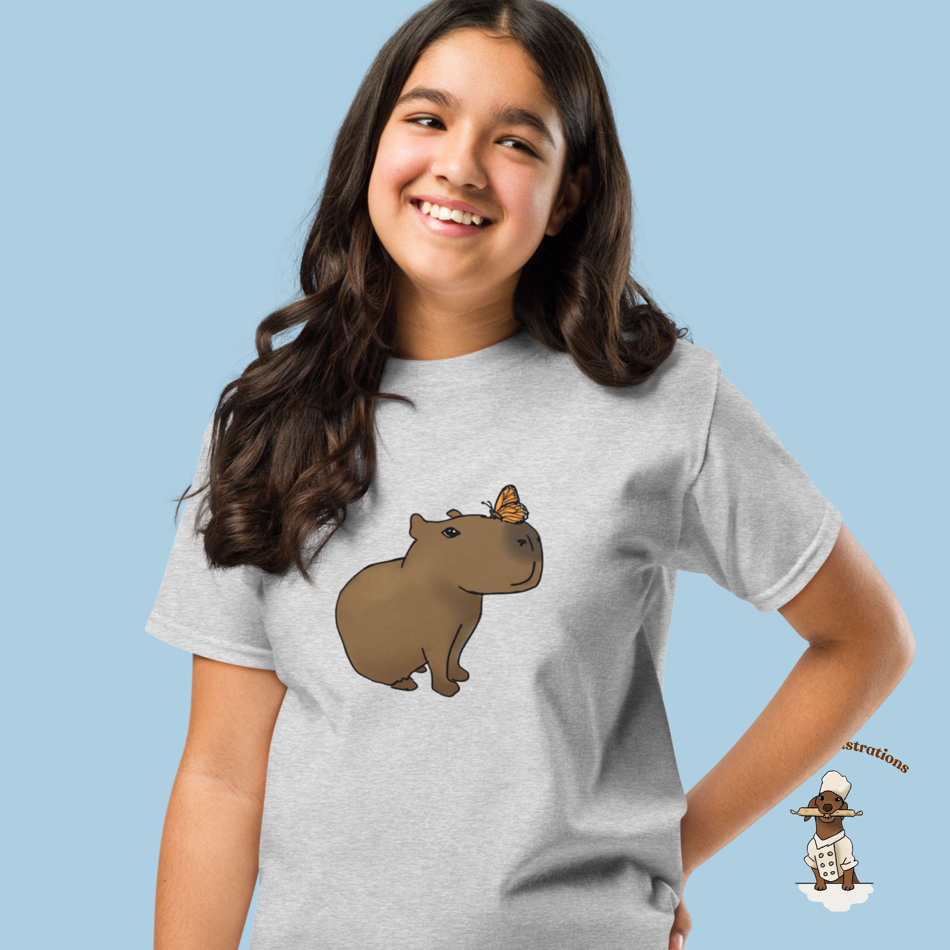 Youth Classic Tee with Hand Drawn Cute Capybara Jolly with Butterfly Shirt Kids Animal Graphic Top - Ineffable Illustrations