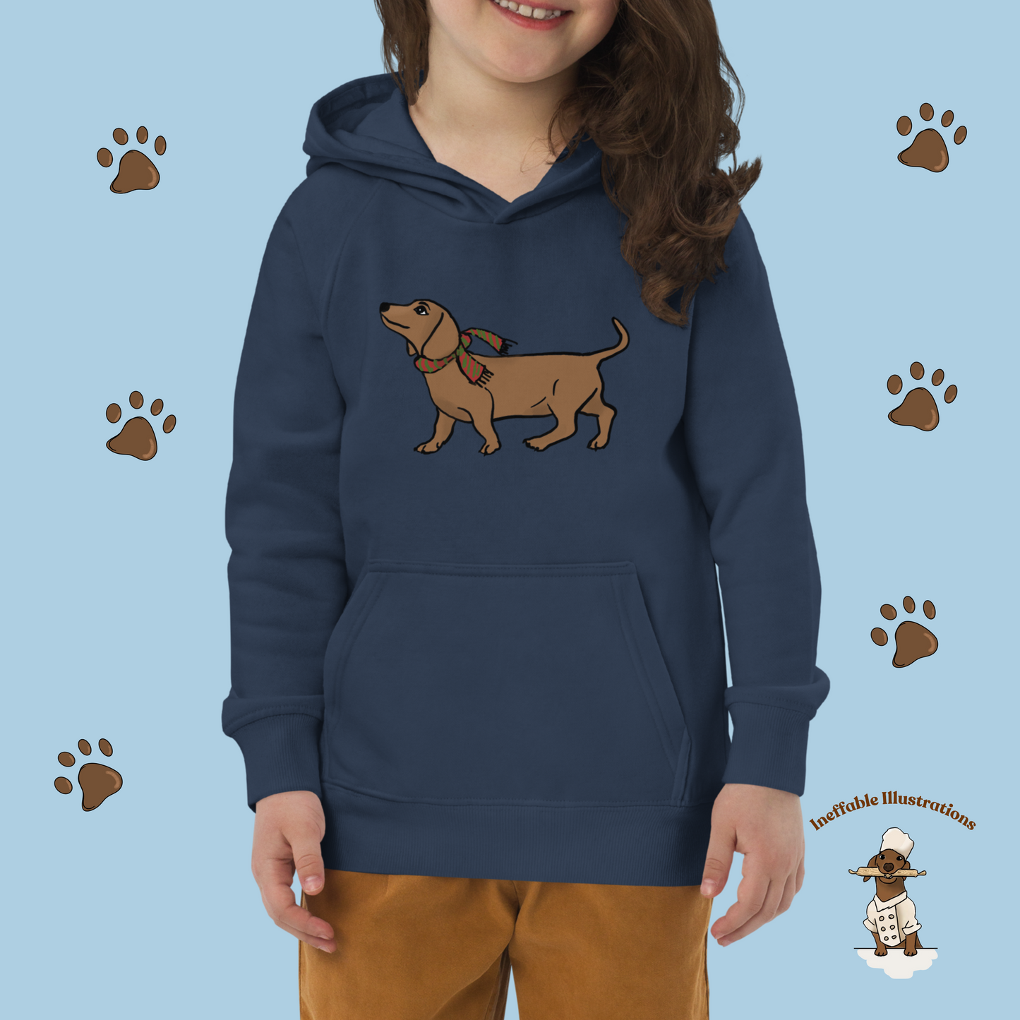 Kids Eco Hoodie with Cute Dachshund Oliver with Scar - Sustainable Children's Apparel, Perfect Gift for Dog Lovers, Hand drawn illustration