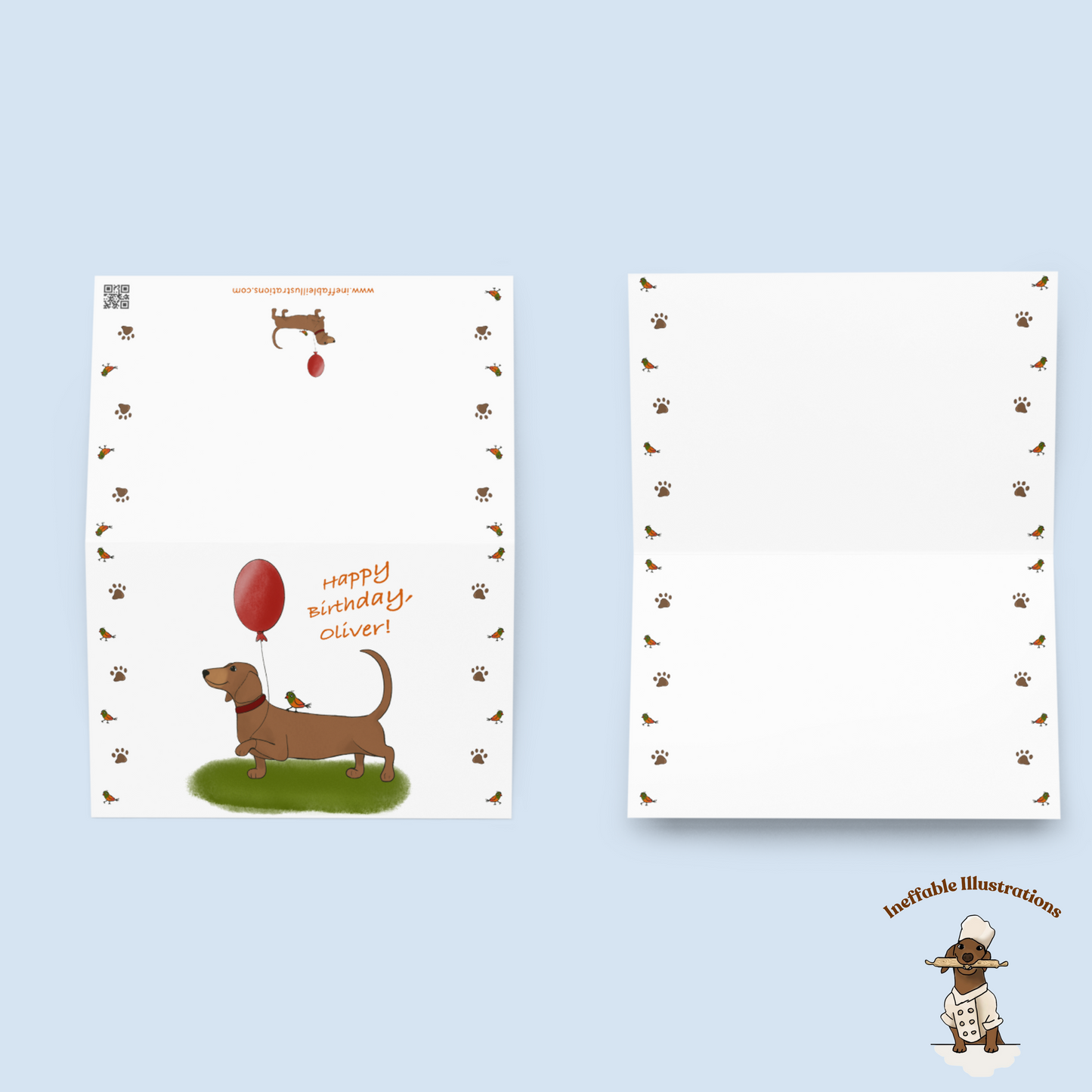 Personalized Birthday Card Dachshund Oliver with Balloon & Cute Bird, Custom Dog Greeting Card for Kids and Adults - Ineffable Illustrations