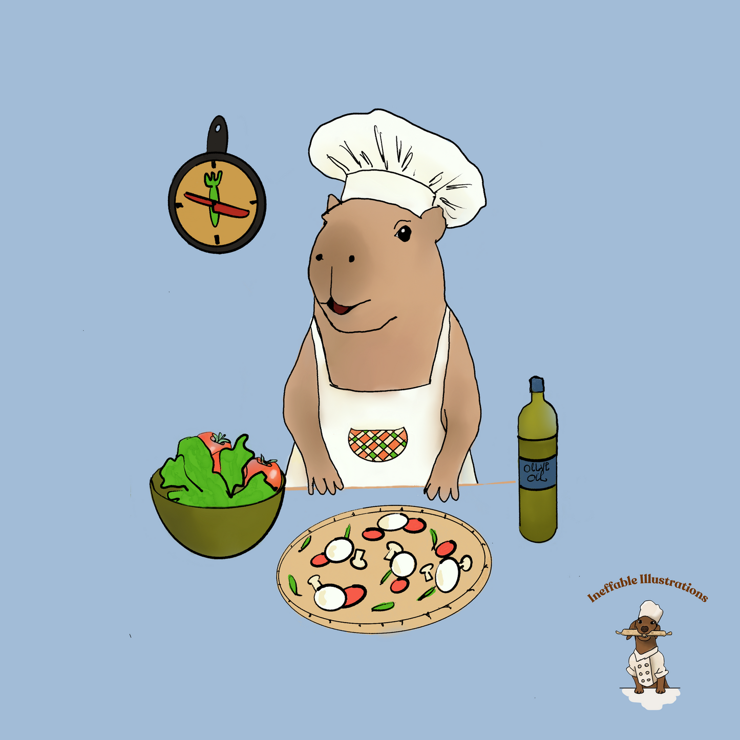 Eco Tote Bag with Cute Hand Drawn Capybara Jolly Chef Making Pizza & Salad, Reusable Shopping Bag, Eco-Friendly Gift Idea