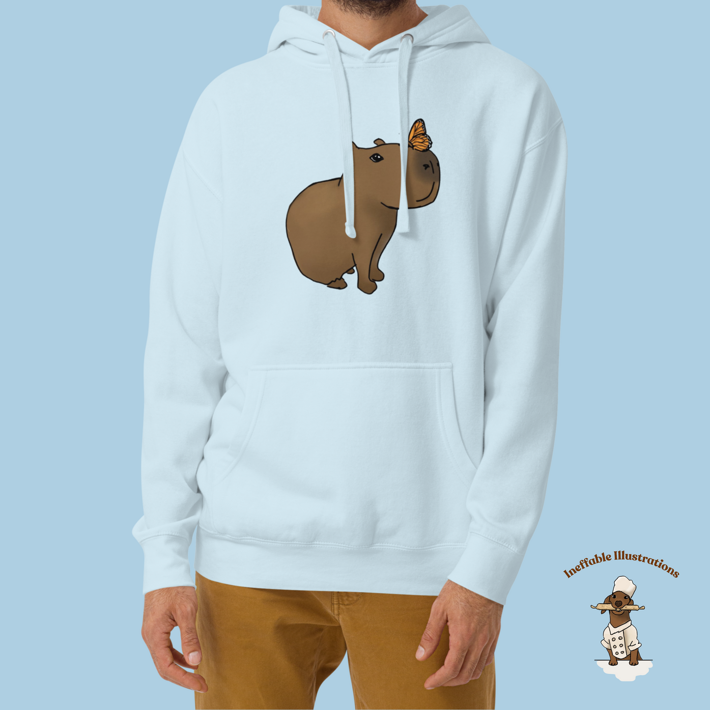 Unisex Hoodie with Cute Capybara Jolly with Butterfly Hand Drawn Print, Cozy & Stylish Apparel for Animal Lovers