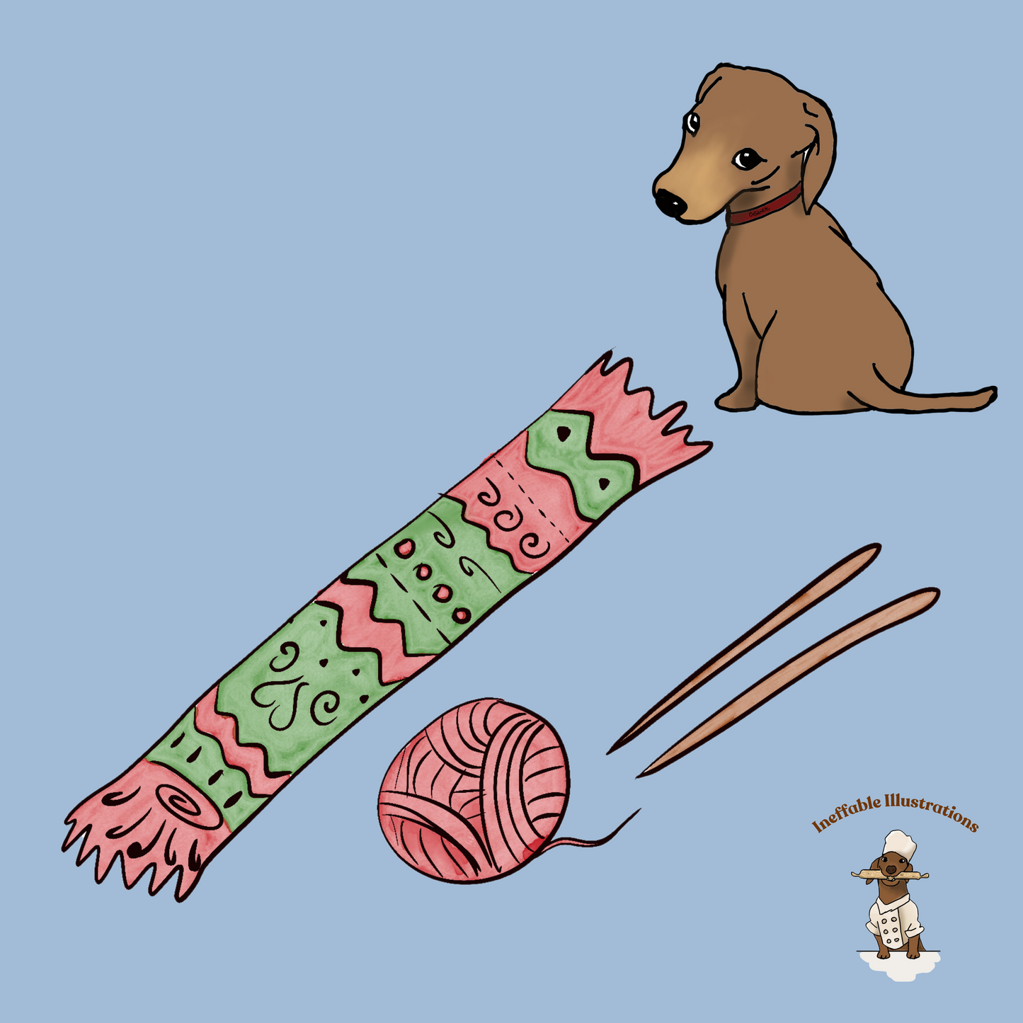 Eco Tote Bag with Cute Dachshund Oliver, Yarn, Knitting Needles and Knitted Scarf, Perfect for Dog Lovers & Crafters, Reusable Shopping Tote