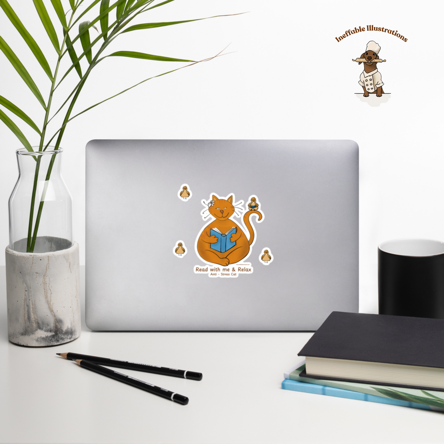 Anti-Stress Cat & Bird Reading Stickers Set - Mindful Reading Decals