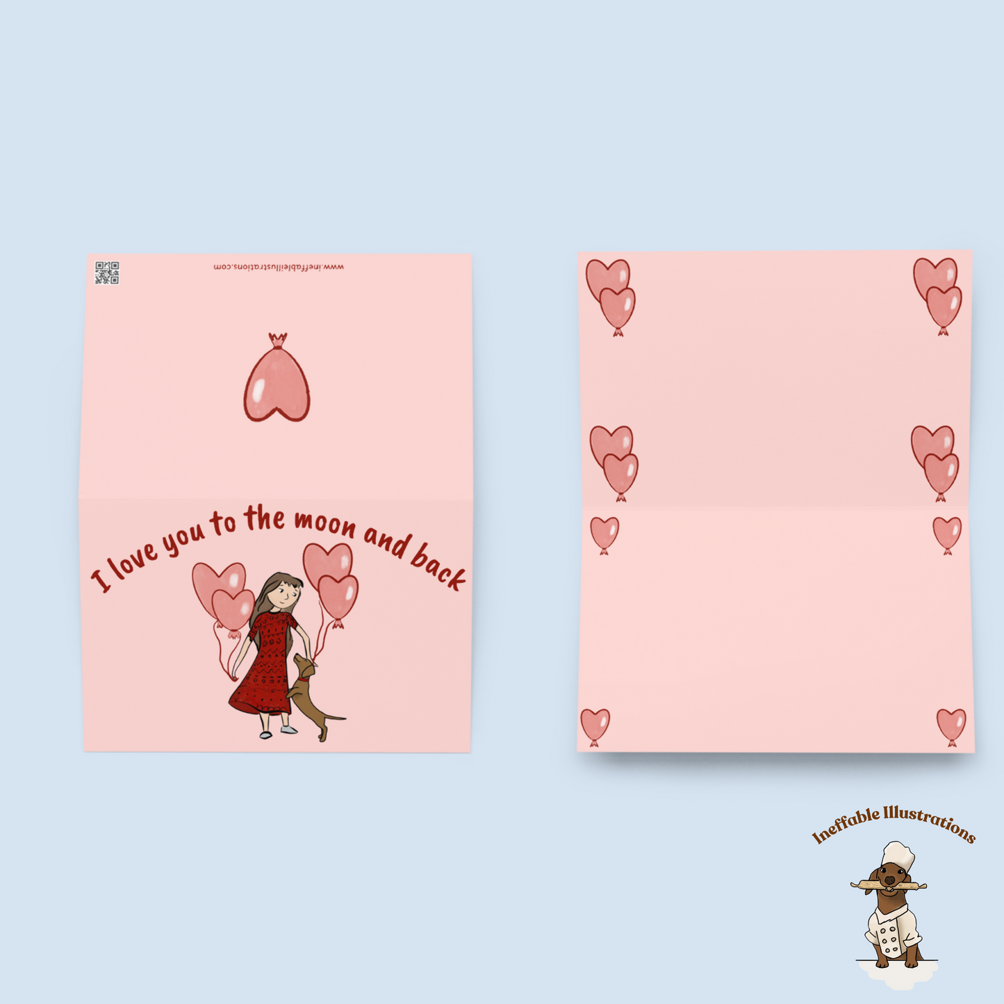 St. Valentin Greeting Card with Cute Dachshund & Girl - I Love You to the Moon and Back, Dog Lover Gift