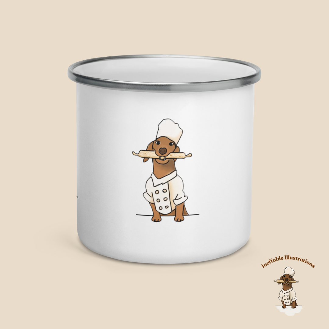 Mug. Enamel Mug "Oliver cooking". Cute Sausage Dog Chef Mug for Cooking & Coffee Lovers, Unique Gift for Dog Owners