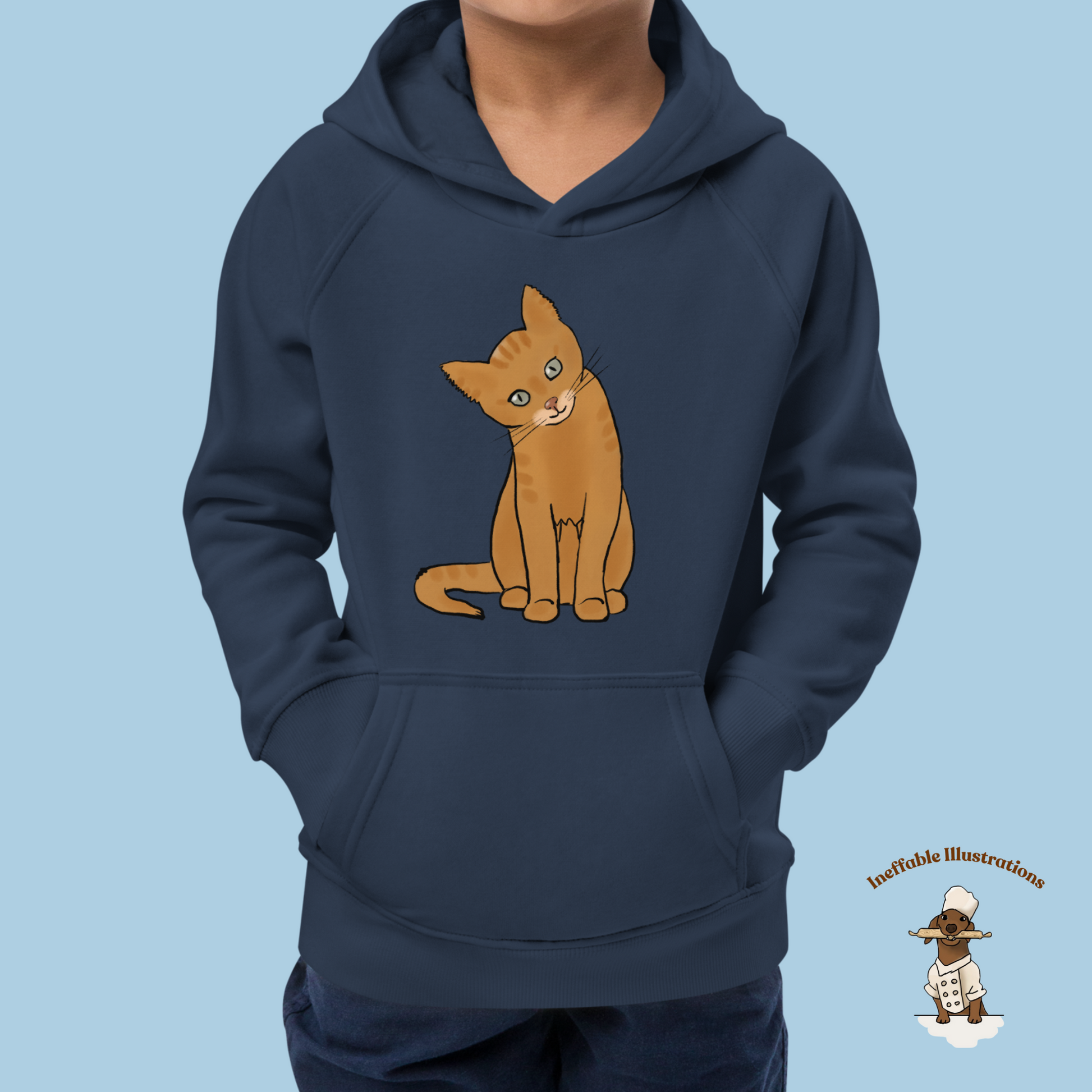 Kids Eco Hoodie with Cute Ginger Cat Design, Sustainable & Cozy, Perfect for Cat Lovers, Eco-Friendly Apparel - Ineffable Illustrations