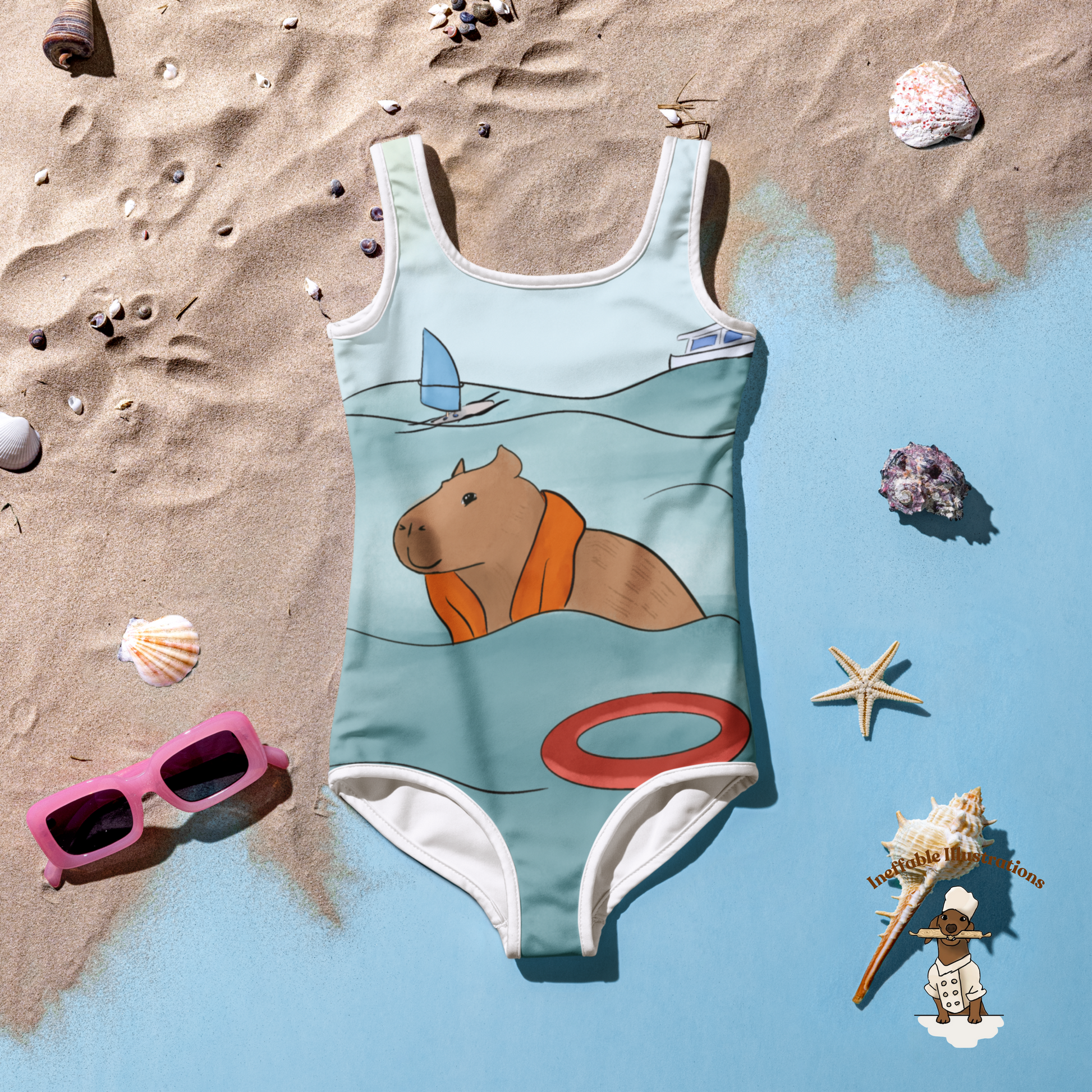 Kids Swimsuit with Cute Hand Drawn Capybara Jolly Enjoying Summer In The Sea Design, Toddler Bathing Suit, Beachwear for Girls - Ineffable Illustrations