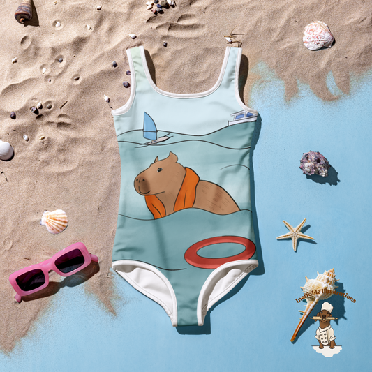 Kids Swimsuit with Cute Hand Drawn Capybara Jolly Enjoying Summer In The Sea Design, Toddler Bathing Suit, Beachwear for Girls - Ineffable Illustrations