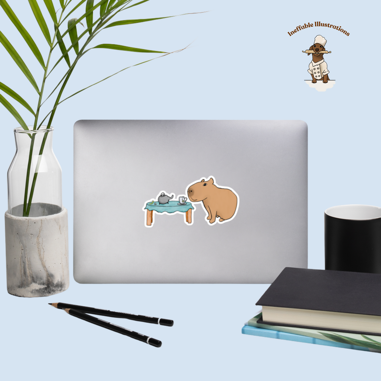 Bubble Free Sticker: Capybara  Drinking Tea with Caterpillar, Cute Animal Decals for Laptops & Journals