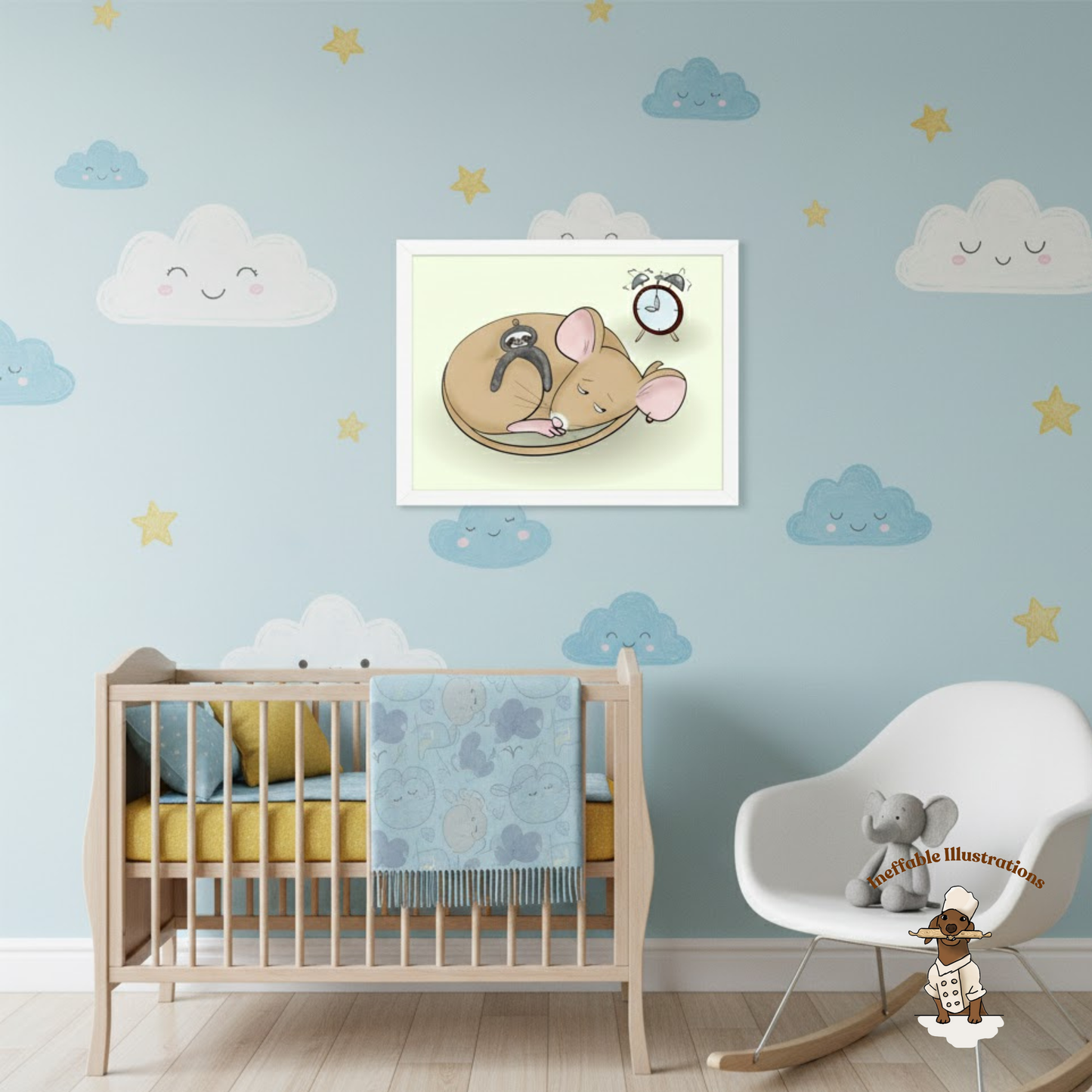 Sleepy Pedro Mouse with Sloth Toy - Nursery & Kids Room Framed Poster (Green)