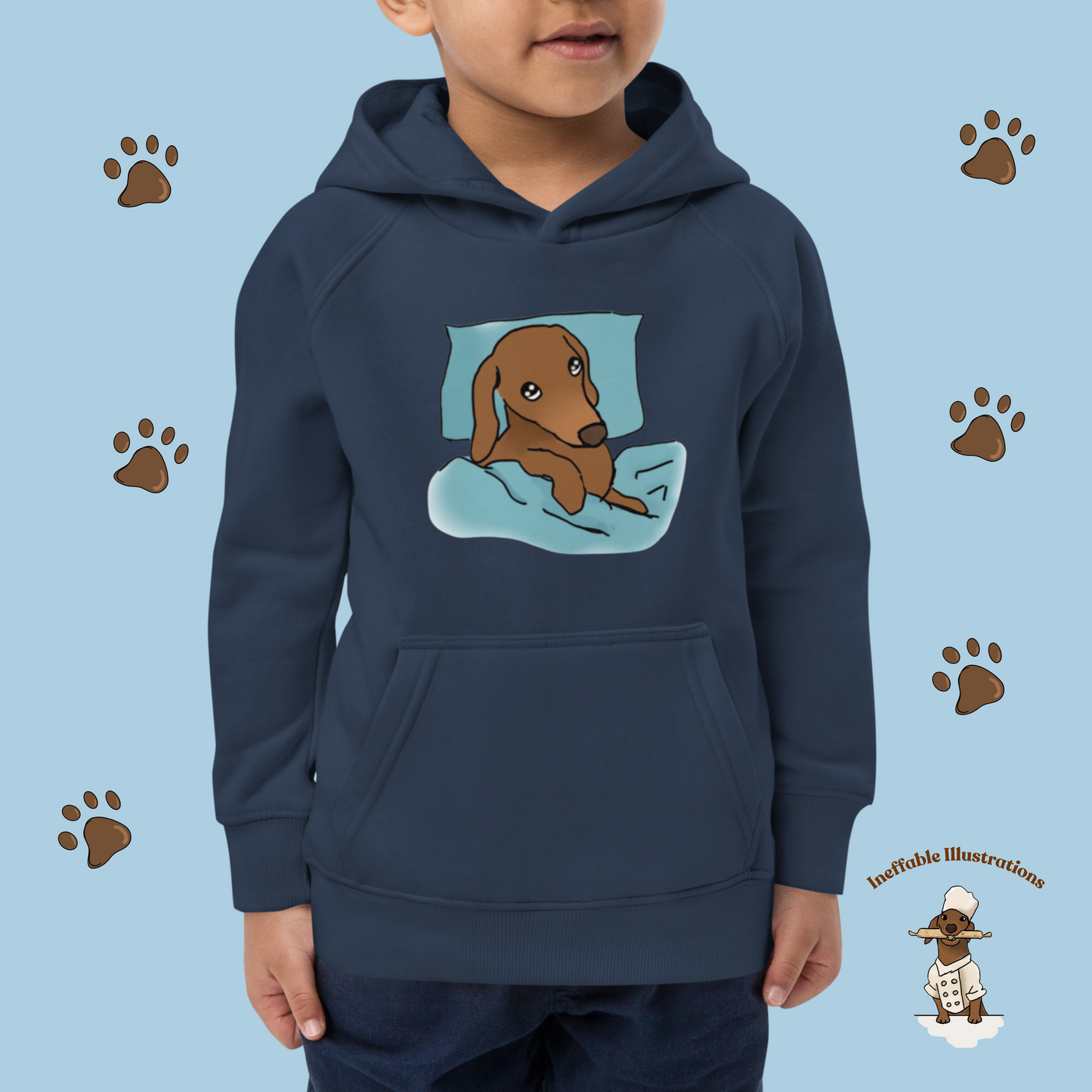 Kids Eco Hoodie with Sleepy Dachshund Oliver Illustration, Hand Illustrated, Cute Eco-Friendly Sweatshirt, Perfect Gift for Children