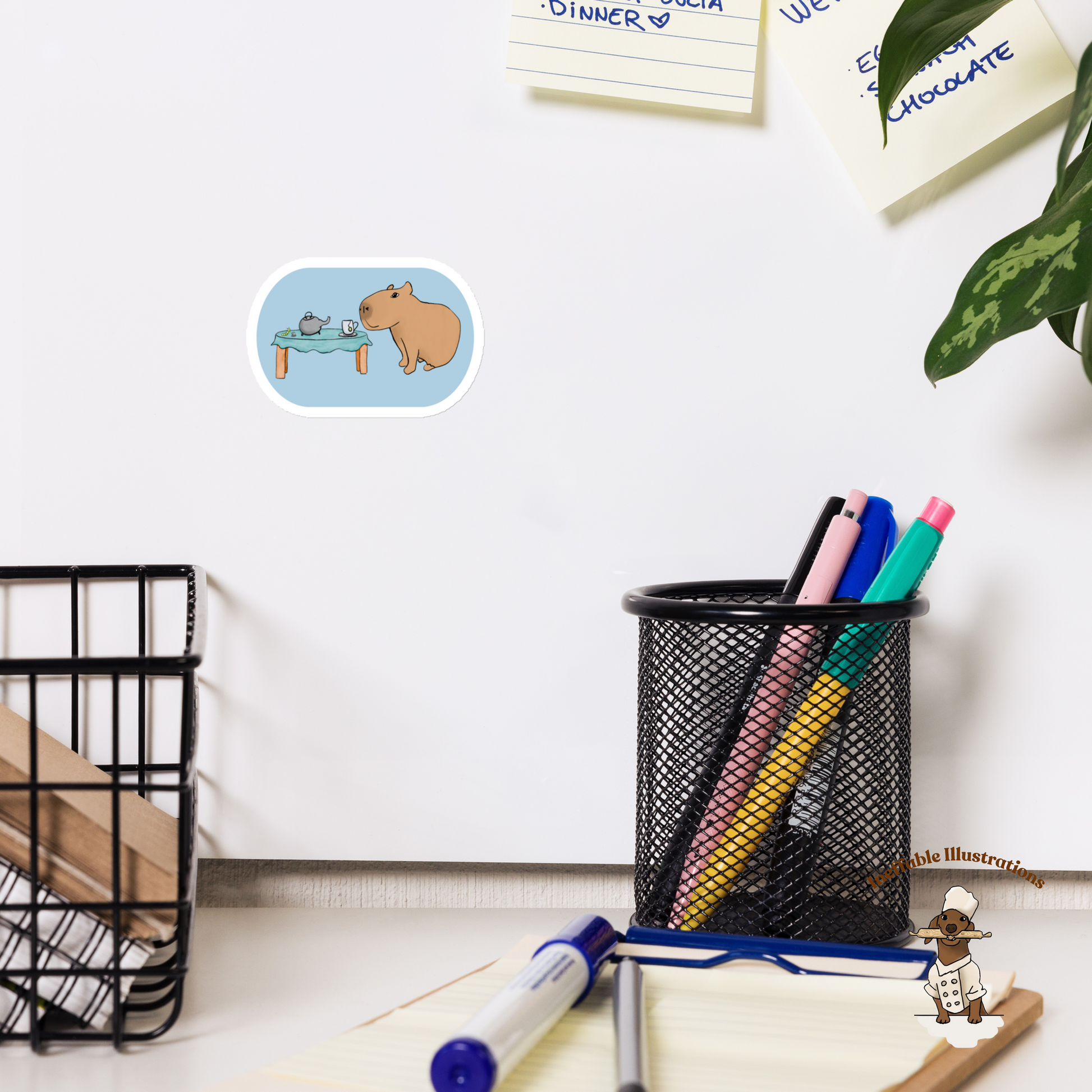 Magnet: Cute Capybara Jolly Drinking Tea with Caterpillar – Whimsical Animal Fridge Decoration Gift - Ineffable Illustrations