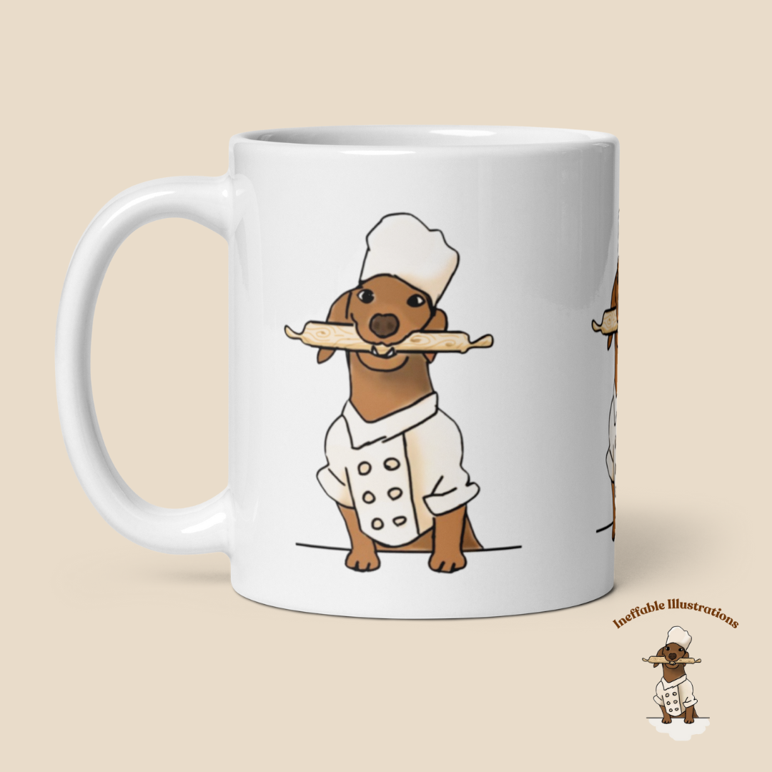 Mug "Oliver cooking". Sausage Dog Chef Mug, Cute White Glossy Coffee Cup, Adorable Dachshund Gift, Dog Lover's Kitchen Decor & Accessories