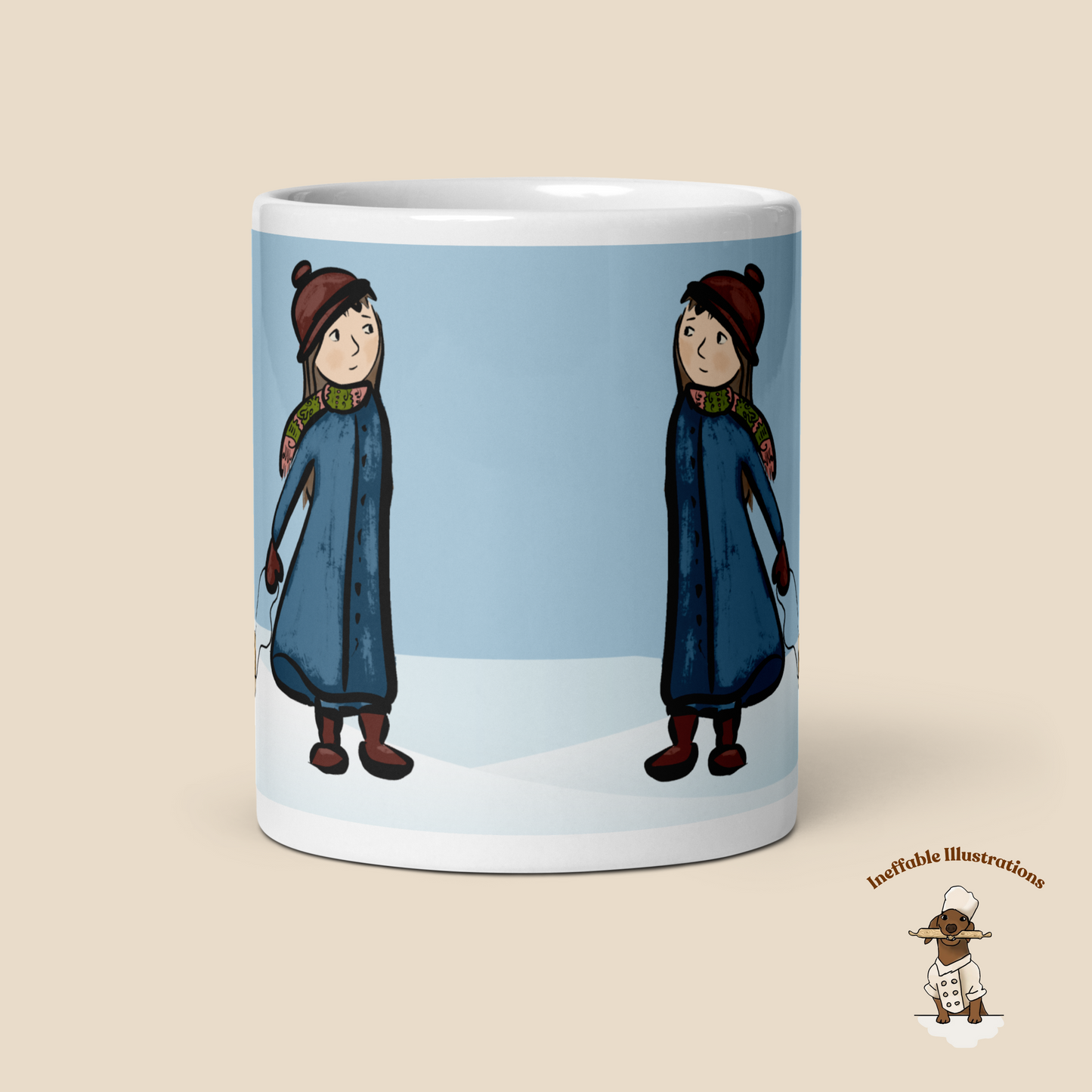 White Glossy Mug with Cute Little Girl Molly & Sleigh on Snow – Hand Drawn Winter Coffee Mup Gift