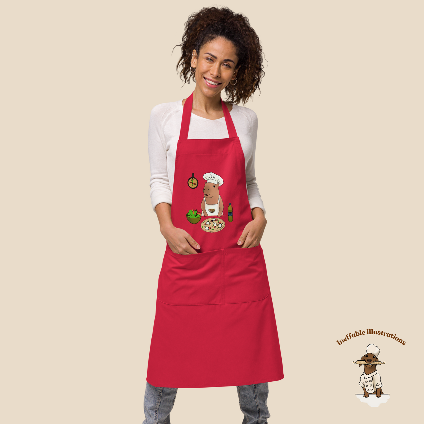 Organic Cotton Apron with Capybara Jolly | Cute Kitchen Apron for Healthy Cooking, Pizza & Salad Making, Gift for Chefs