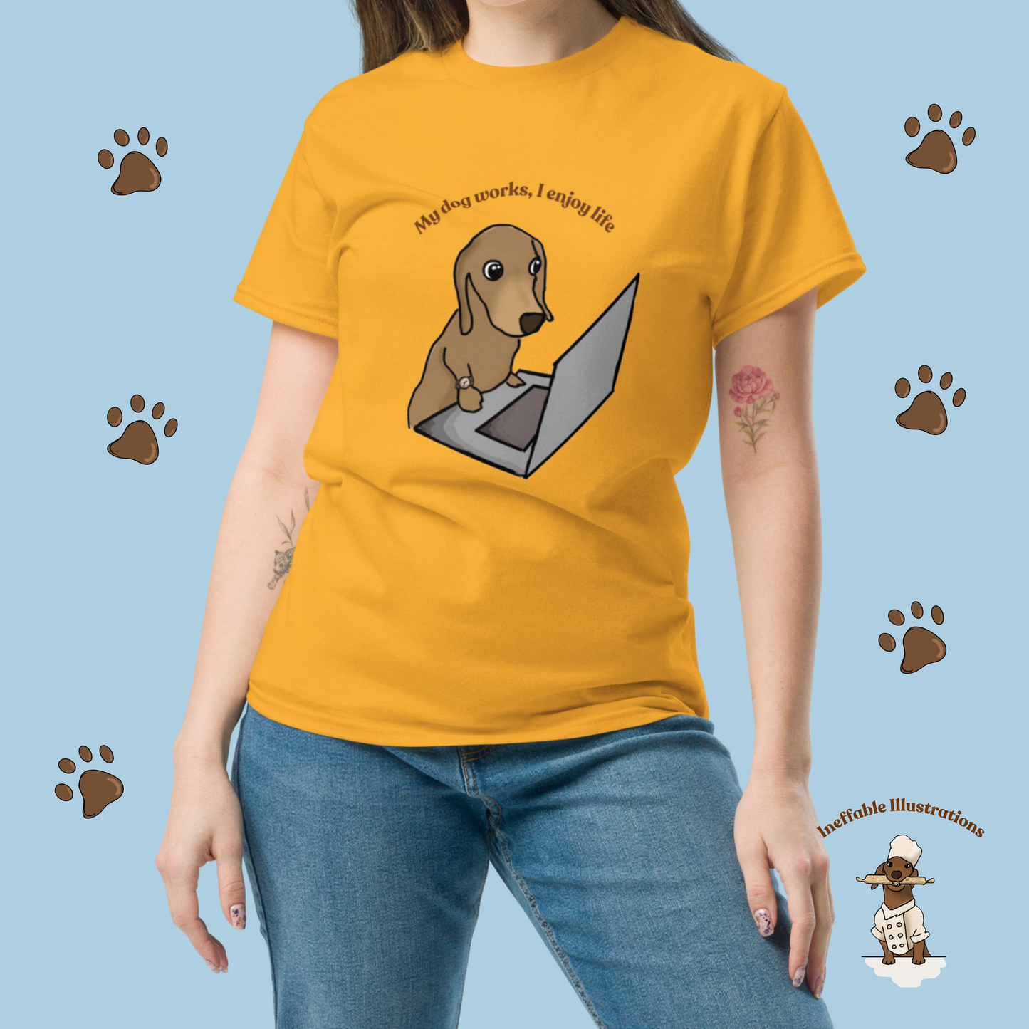 Shirt "Oliver works, I enjoy life". Funny Dog Illustration Tee | Hand-drawn Design | Trendy 100% Cotton Shirt