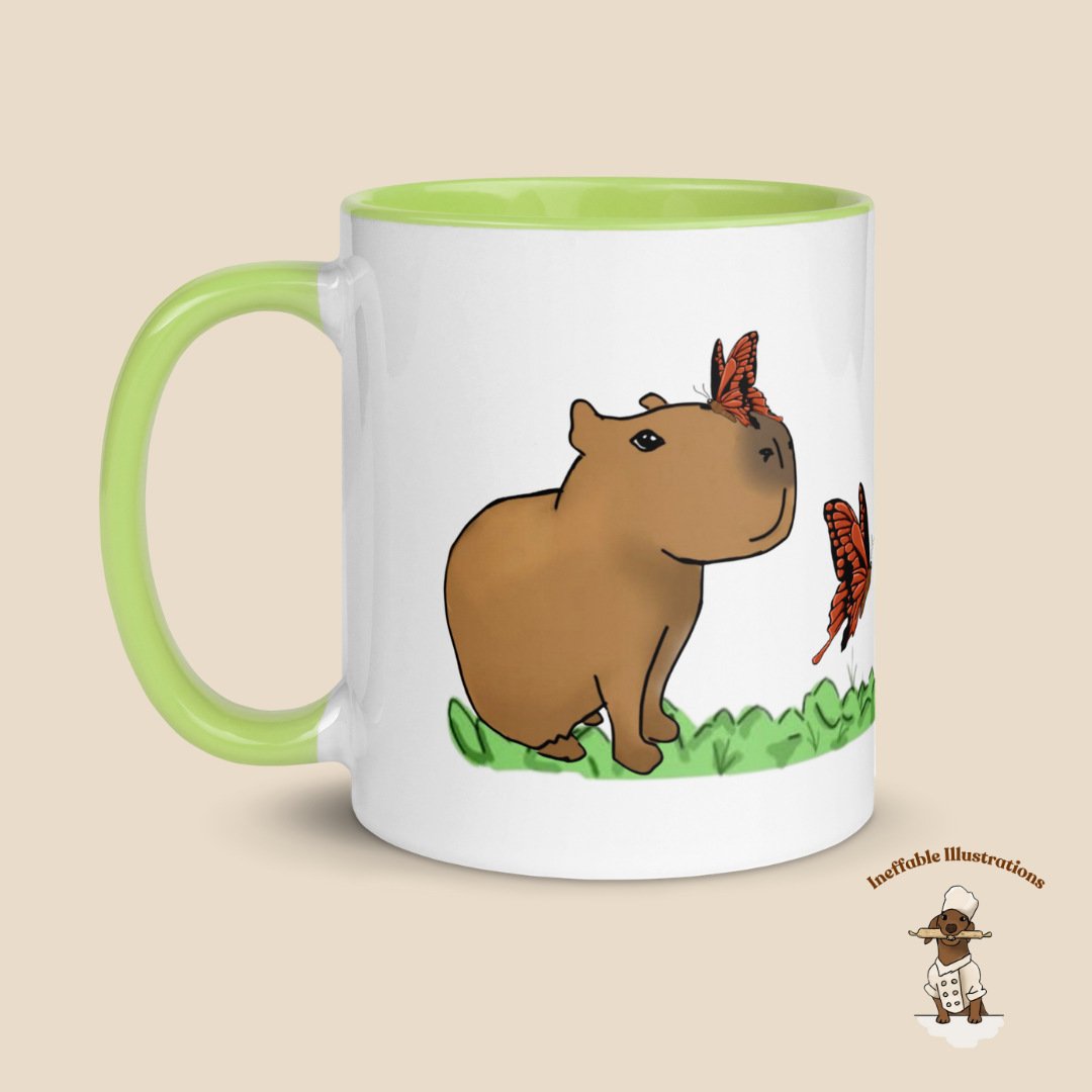 Mug "Jolly playing with butterflies". Hand-drawn Capybaras and Butterflies Ceramic Mug - Colorful and Charming!