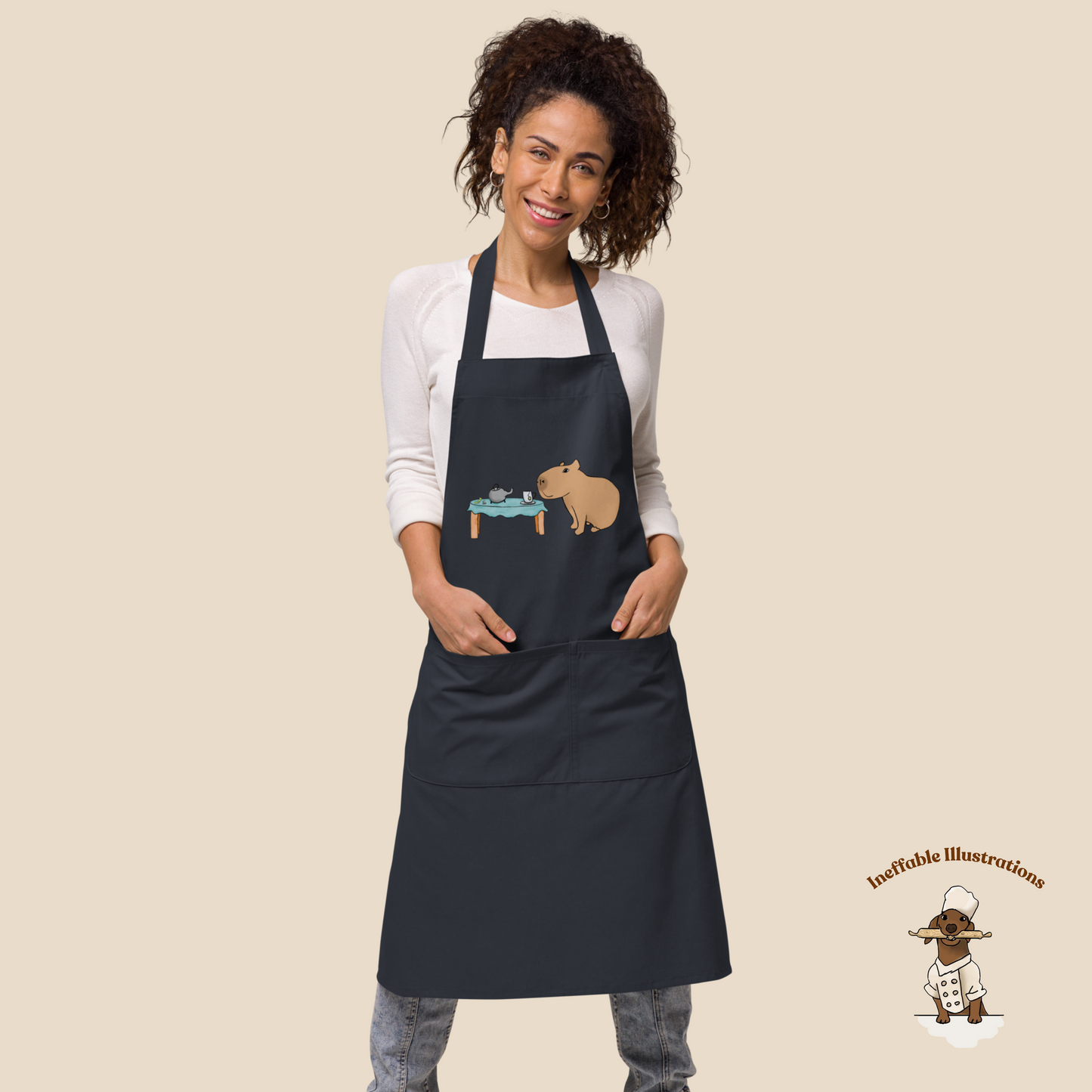 Organic Cotton Apron with Cute Capybara Drinking Tea with Caterpillar - Hand Drawn Illustration, Eco-Friendly Kitchen Accessory