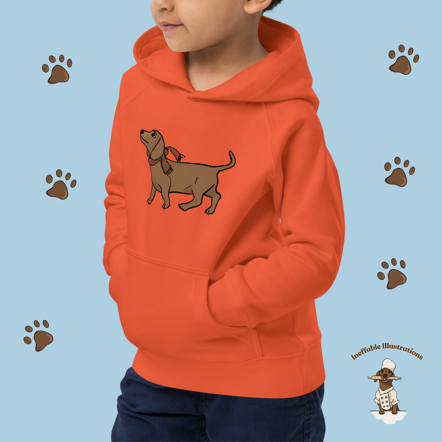 Kids Eco Hoodie with Cute Dachshund Oliver with Scar - Sustainable Children's Apparel, Perfect Gift for Dog Lovers, Hand drawn illustration