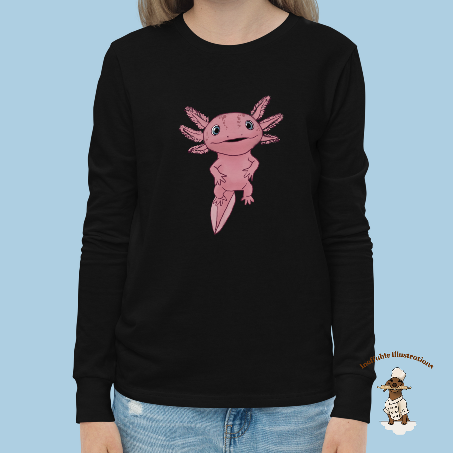 Axolotl Youth Long Sleeve Tee, Cute Axolotl Shirt for Kids, Adorable Hand Drawn Illustration Tee, Fun Gift for Boys & Girls