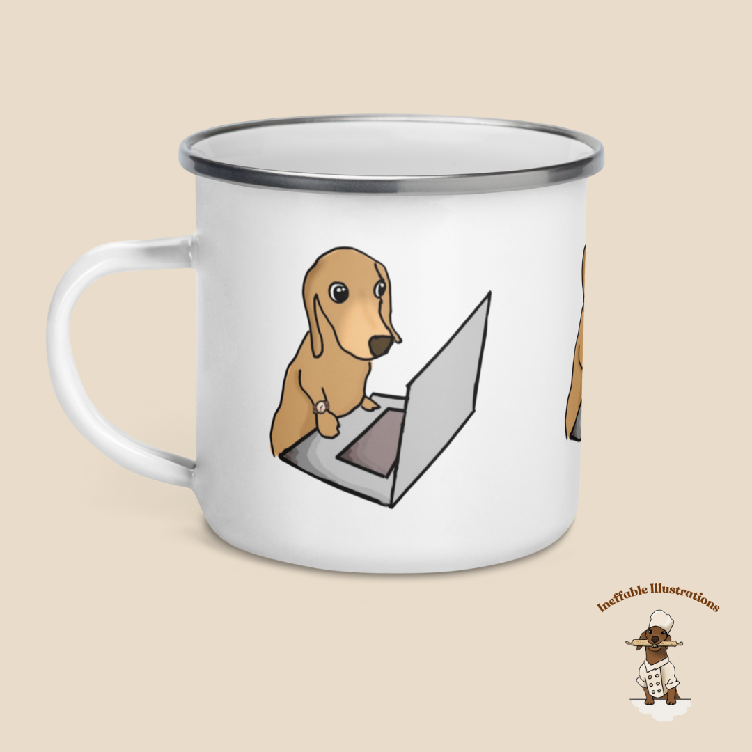 Mug. Enamal Mug "Oliver working on Computer". Cute sausage dog Enamel Mug. Dachshund lover gift