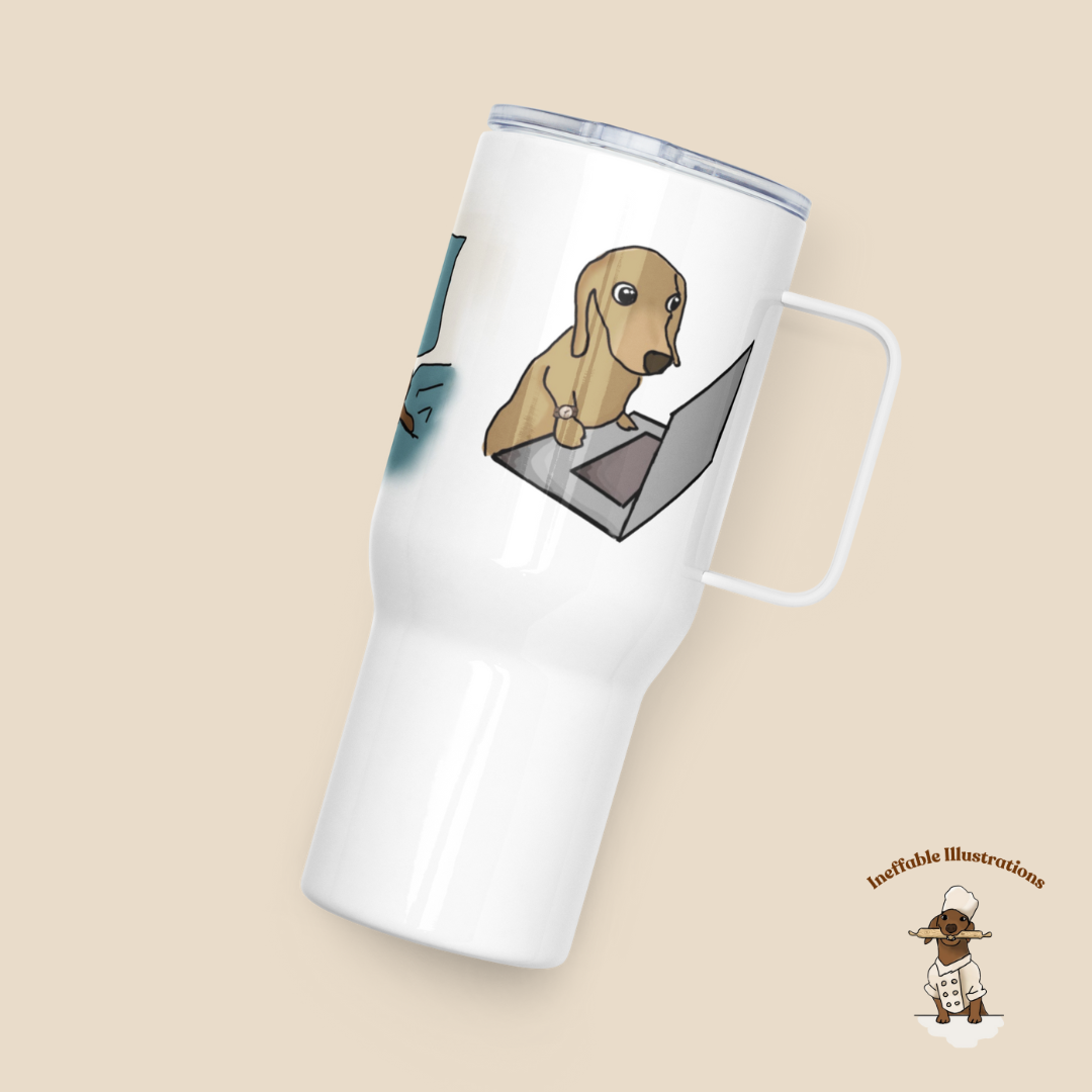 Mug "Oliver traveling with you". Dachshund Travel Mug with Handle: Cute dachshund Oliver Working on Computer, Cooking & Relaxing- Perfect Coffee Mug for any Activity!