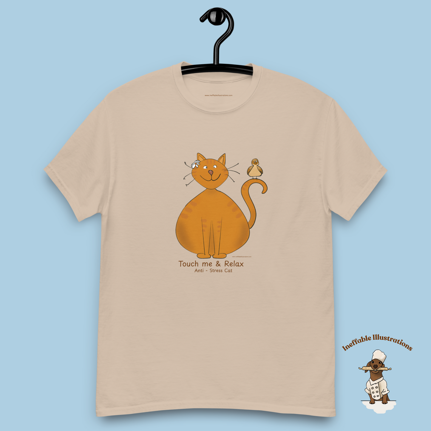 Funny Ginger Cat T-Shirt – Hand-Drawn Anti-Stress Cat with Relaxed Bird & “Touch Me & Relax” | Unisex 100% Cotton Classic Tee, Trendy Streetwear - Ineffable Illustrations