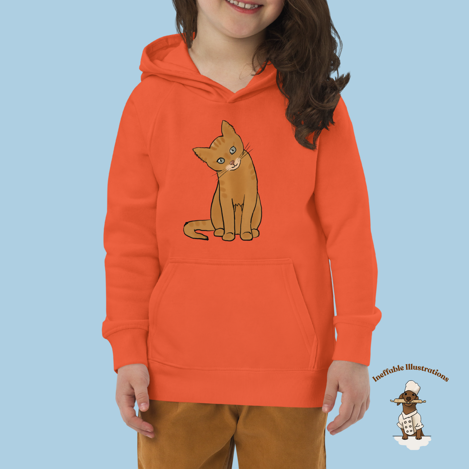 Kids Eco Hoodie with Cute Ginger Cat Design, Sustainable & Cozy, Perfect for Cat Lovers, Eco-Friendly Apparel - Ineffable Illustrations