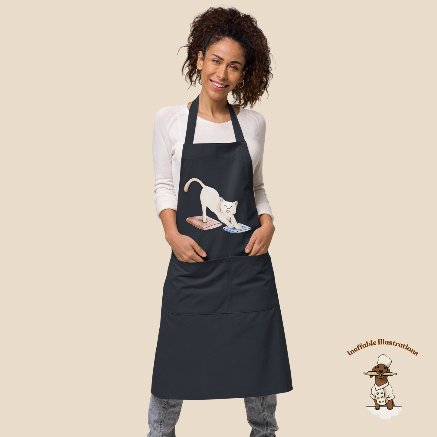 Organic Cotton Apron with Cute Cat Ralph Illustration | Kitchen Apron | Eco-Friendly Gift for Cat Lovers