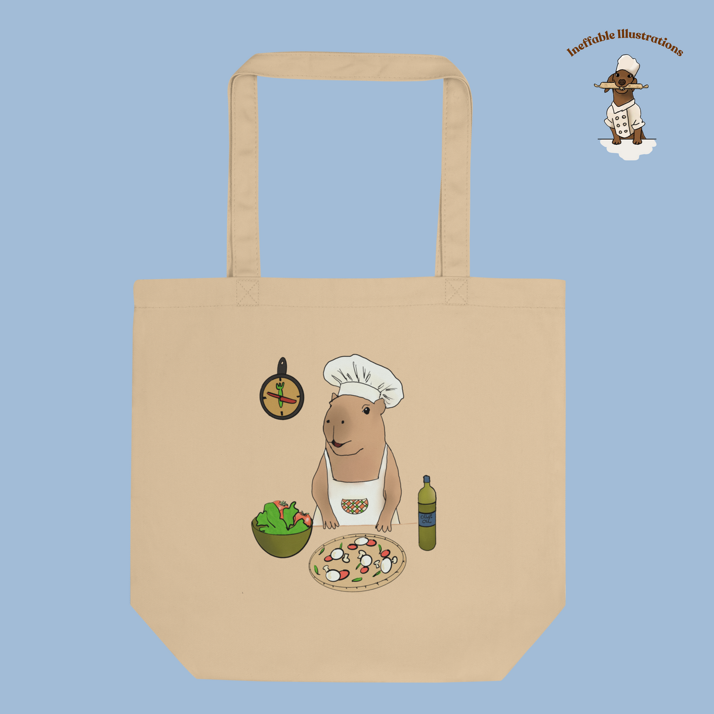 Eco Tote Bag with Cute Hand Drawn Capybara Jolly Chef Making Pizza & Salad, Reusable Shopping Bag, Eco-Friendly Gift Idea