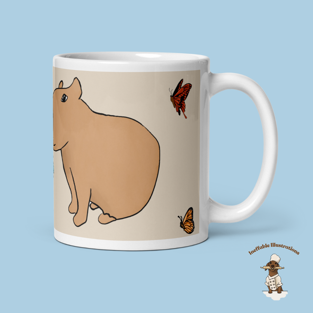 Capybara Mug - White Glossy Tea Cup with Jolly Capybara, Caterpillar & Butterflies, Cute Animal Coffee Mug, Gift for Animal Lovers