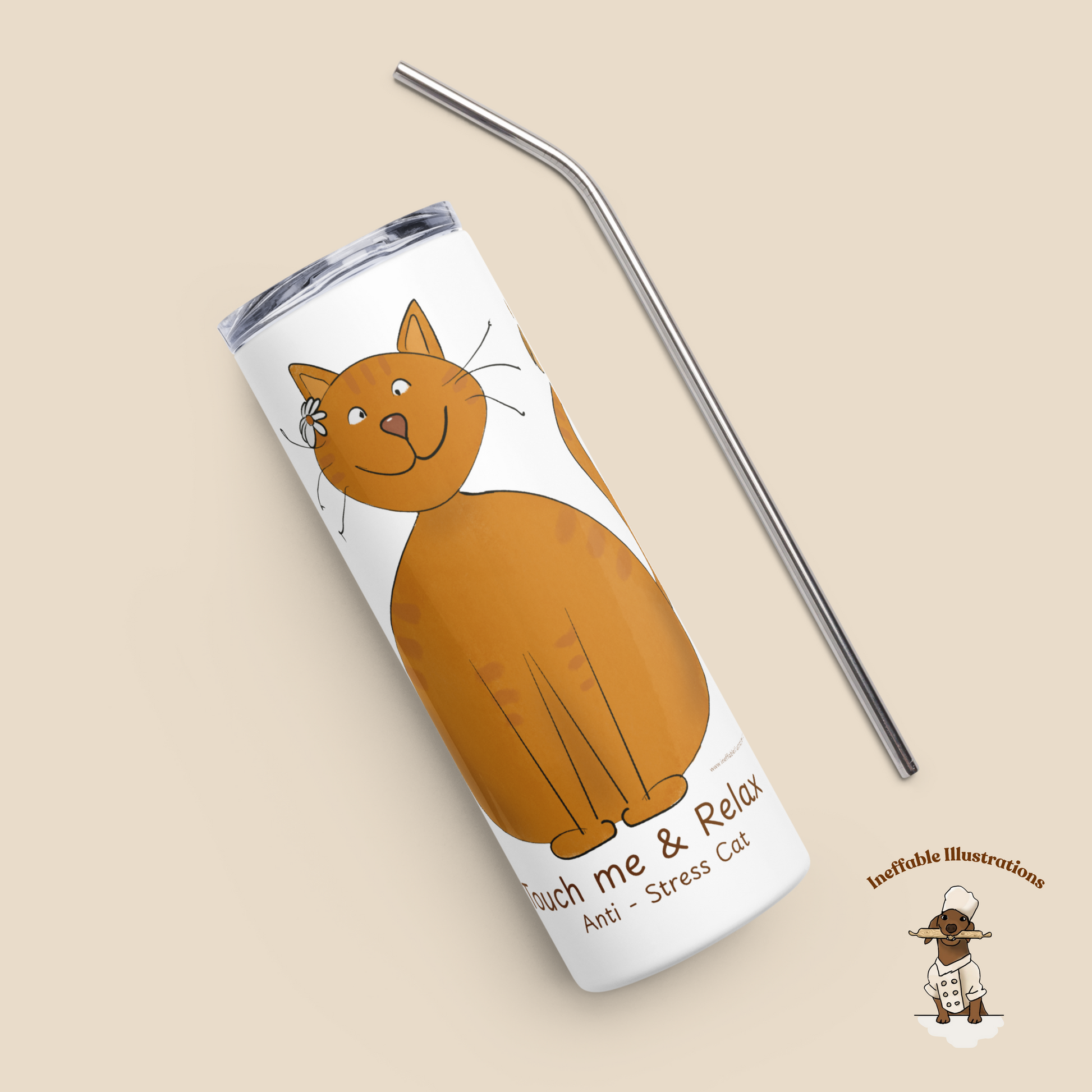 Funny Ginger Cat Stainless Steel Tumbler – Hand-Drawn Anti-Stress Cat, Reusable Travel Tumbler with Metal Straw - Ineffable Illustrations