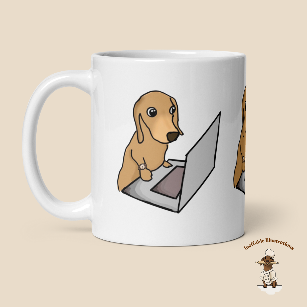 Mug "Dachshund Oliver working on computer". Cute sausage dog mug. White glossy mug.