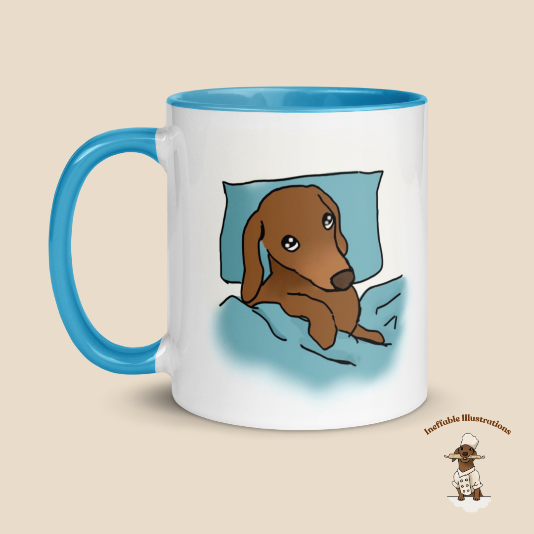 Mug "Sleepy Oliver". Dachshund Mug with Color Inside - Hand-Illustrated Cute Dog Design by Teen Artist, Unique Gift for Dog Lovers & Pet Owners