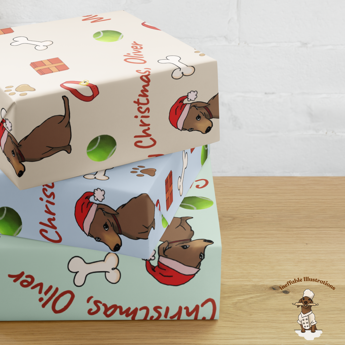 Personalized Dachshund Christmas Wrapping Paper - Custom Name Gift Wrap with Oliver - Festive Holiday Gift Wrap Sheets