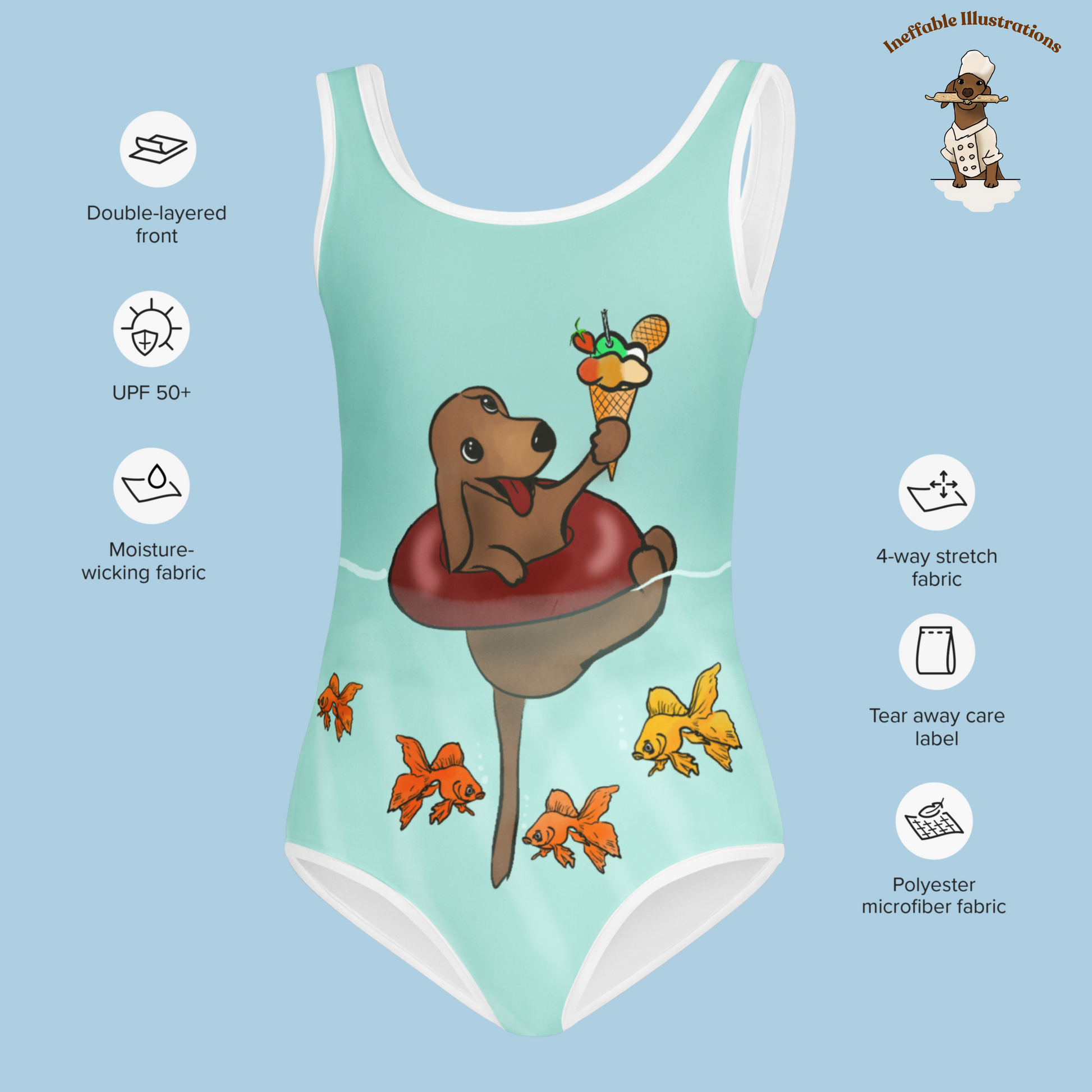 Kids Swimsuit Cute Dachshund Oliver Floating in Sea with Ice Cream & Small Fishes Underwater Beachwear - Ineffable Illustrations