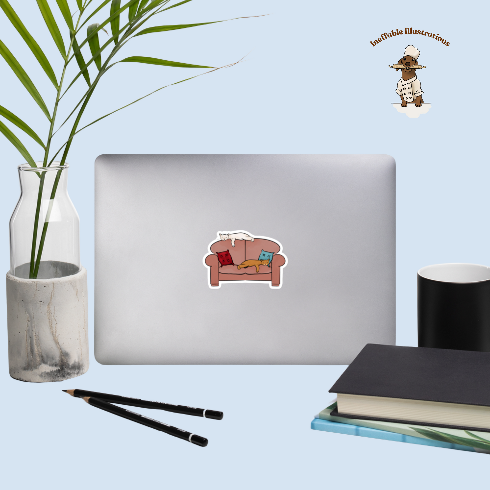 Cat Stickers: White & Ginger Cats (Ralph and Ginger) sleeping on Sofa, Lazy Life Decals for Laptops, Water Bottles and Journals - Ineffable Illustrations