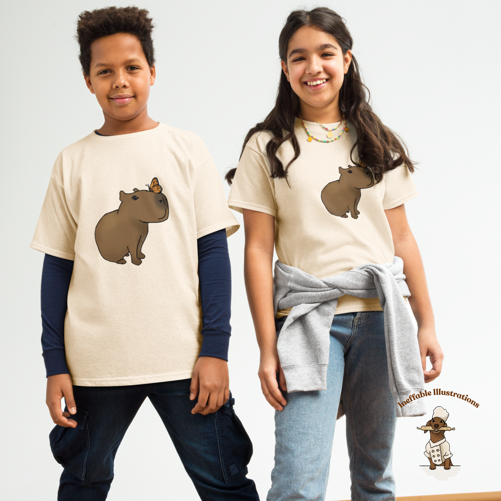 Youth Classic Tee with Hand Drawn Cute Capybara Jolly with Butterfly Shirt Kids Animal Graphic Top - Ineffable Illustrations